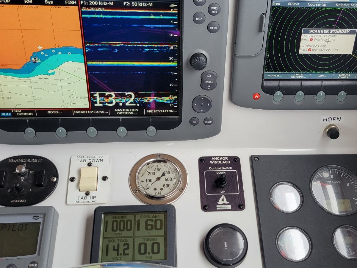 The image shows a boat's dashboard with various instruments and screens.