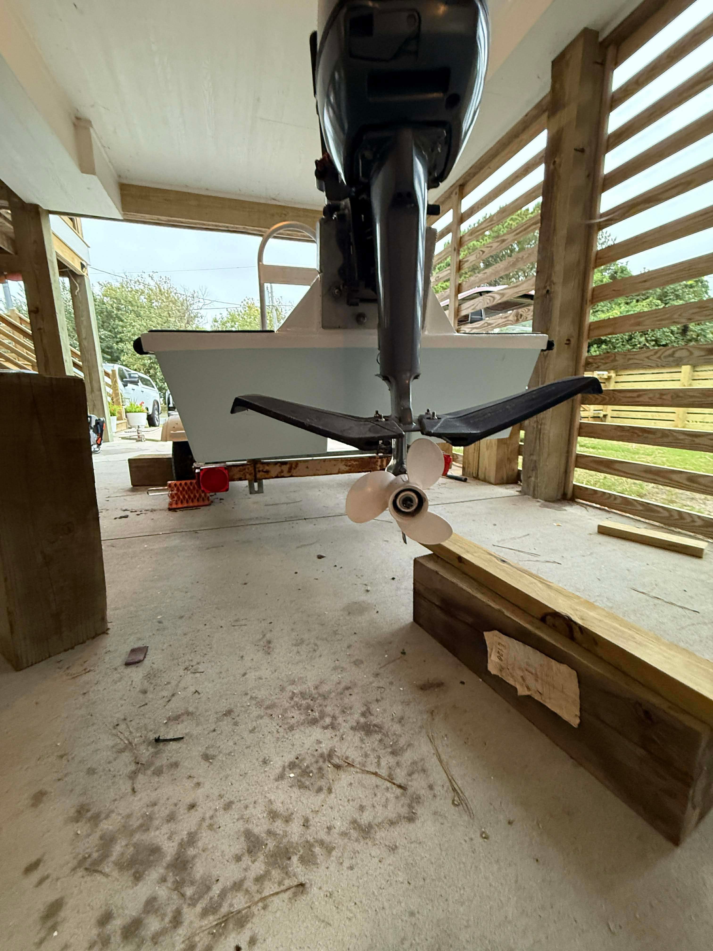 2023 Skiff Craft home-built boat with outboard motor.