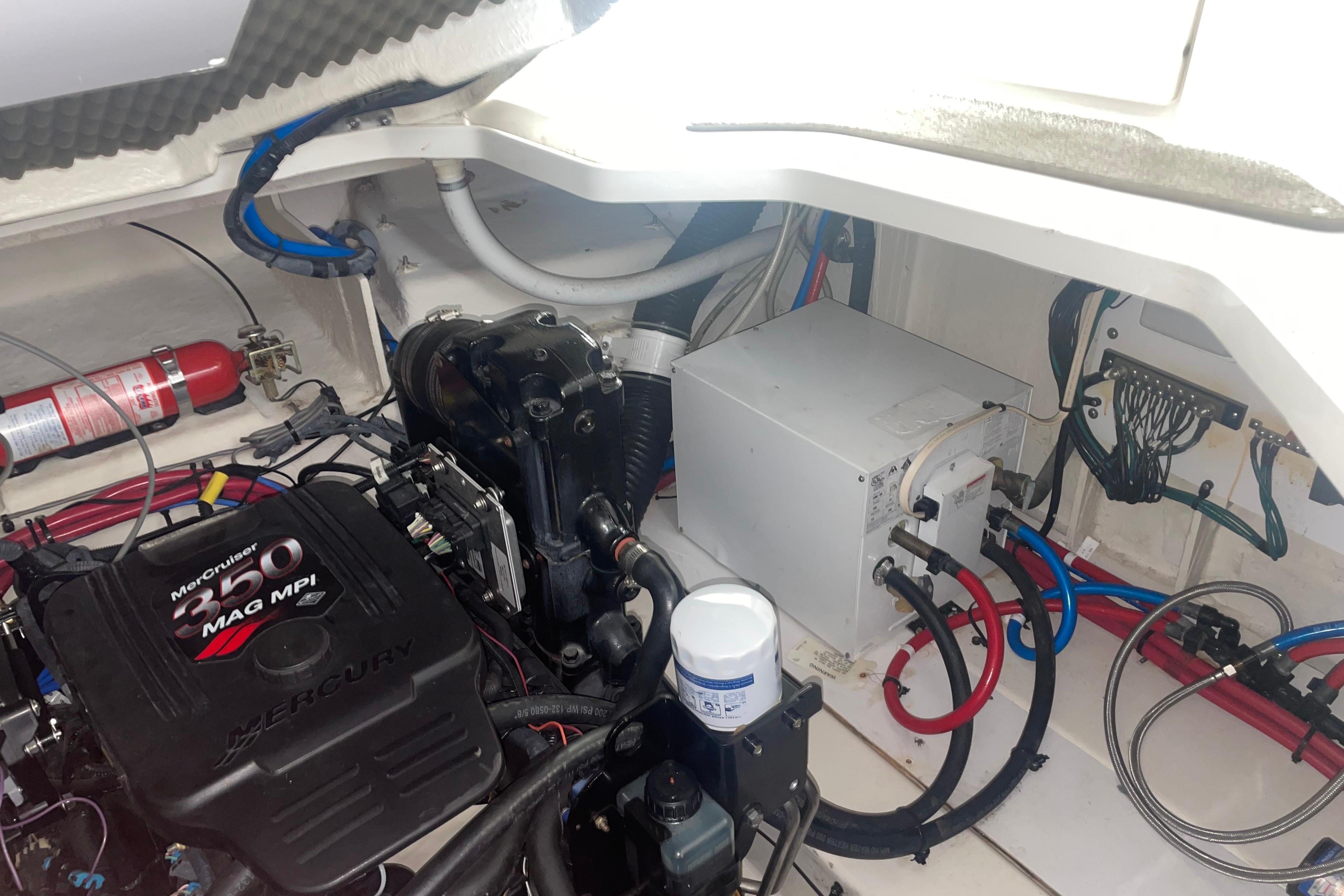 Engine compartment of a 2006 Sea Ray Sundancer 260 with MerCruiser 350 MAG MPI engine.