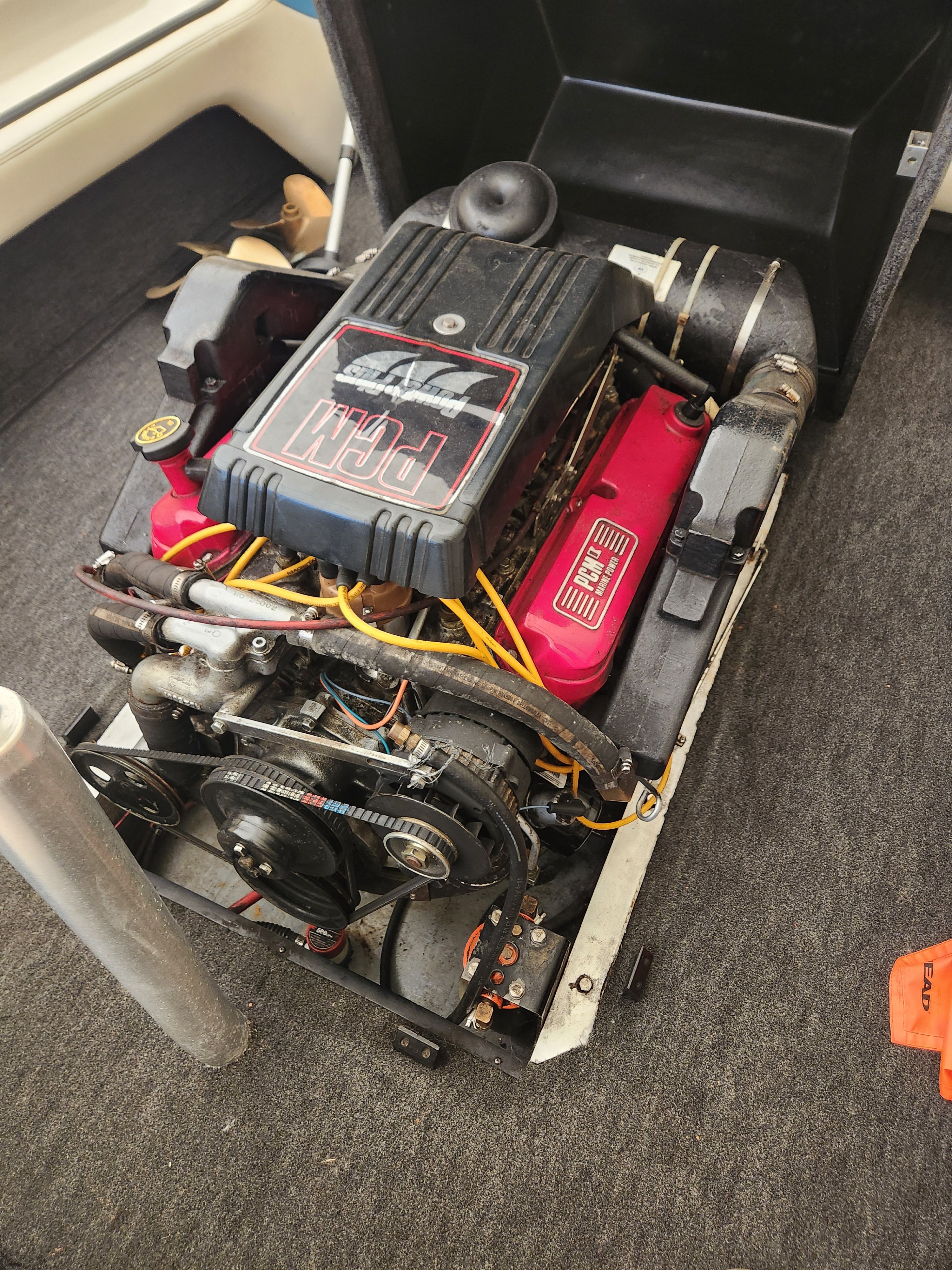 Engine of a 1991 Correct Craft Sea Nautique boat.