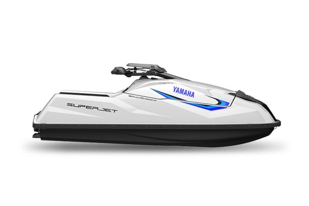 2025 Yamaha WaveRunner SuperJet, sleek white design with blue accents, side view.