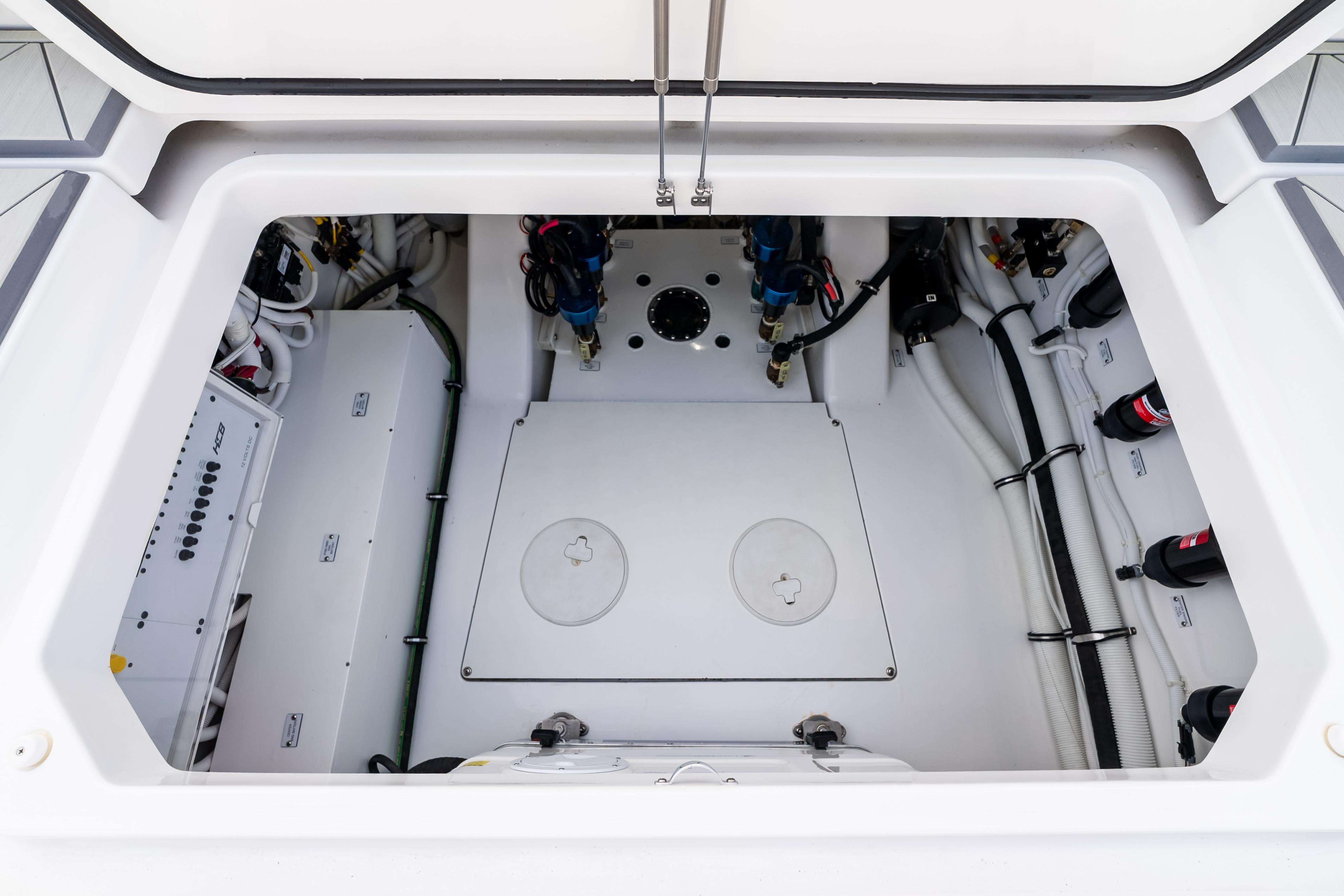 Engine compartment of 2025 HCB 56 Suenos GIX, showcasing advanced marine engineering.