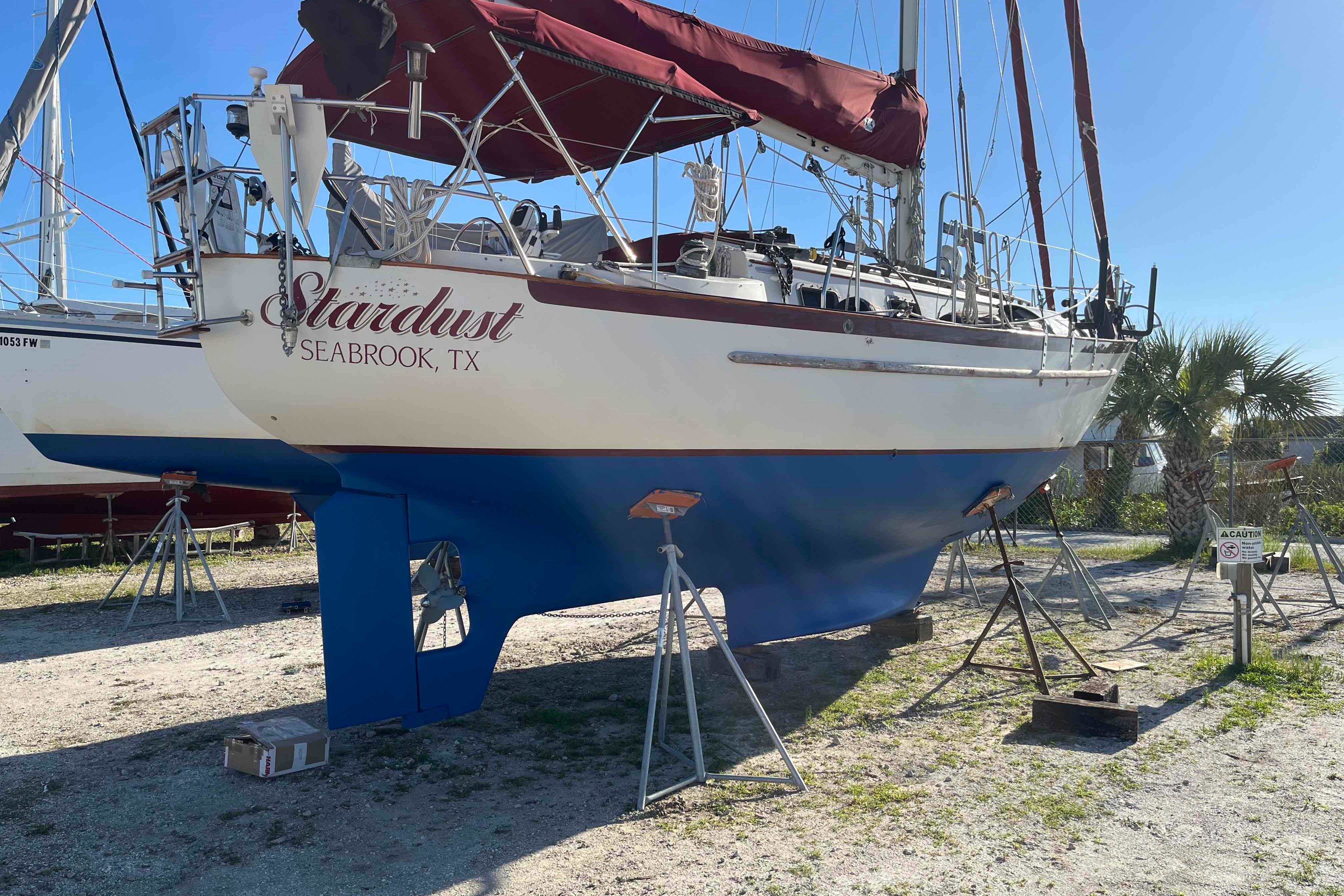 1990 Pacific Seacraft 34 Voyager sailboat named "Stardust" on stands in Seabrook, TX.