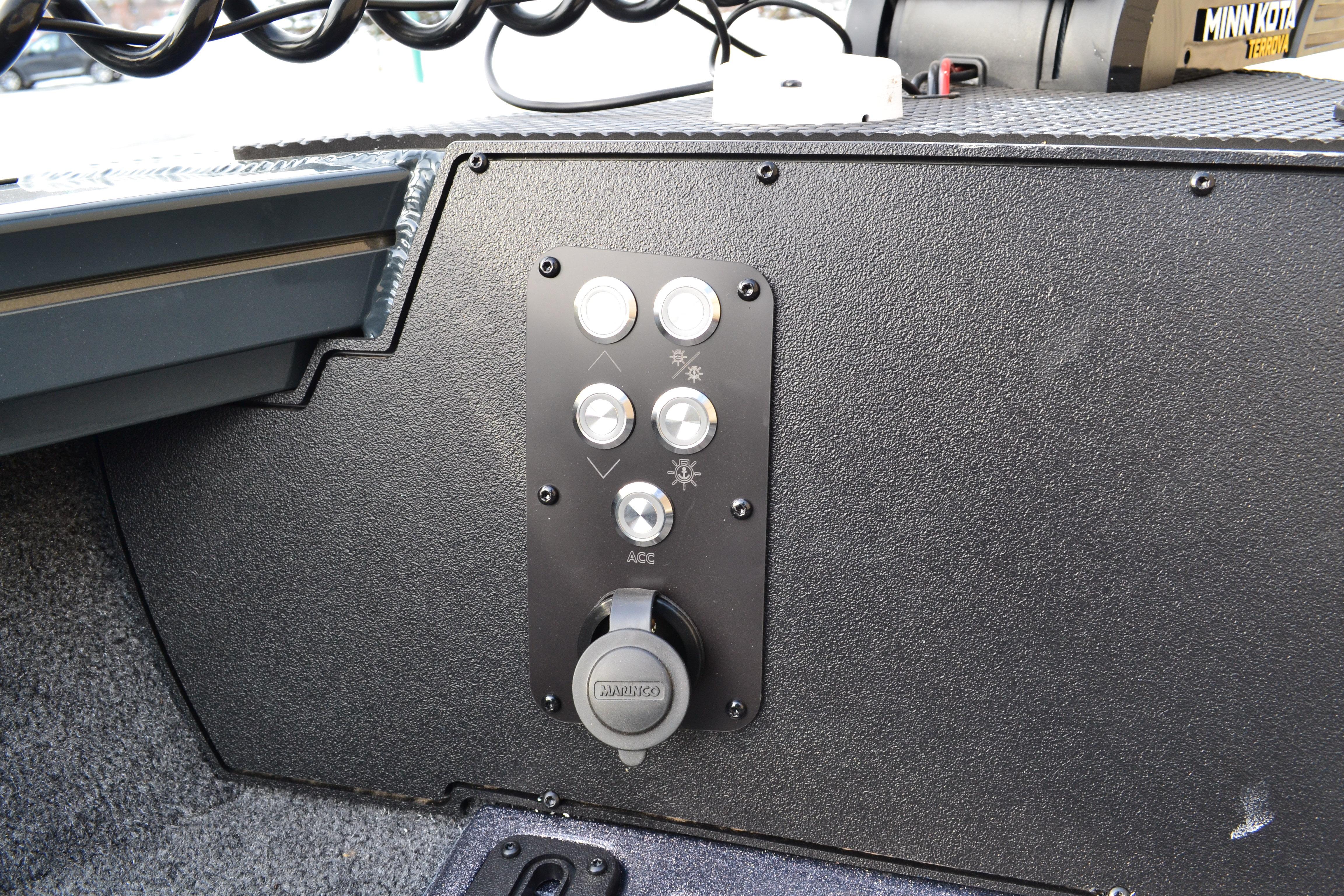 Control panel of 2026 Ranger VX1888 WT boat with buttons and accessory port.