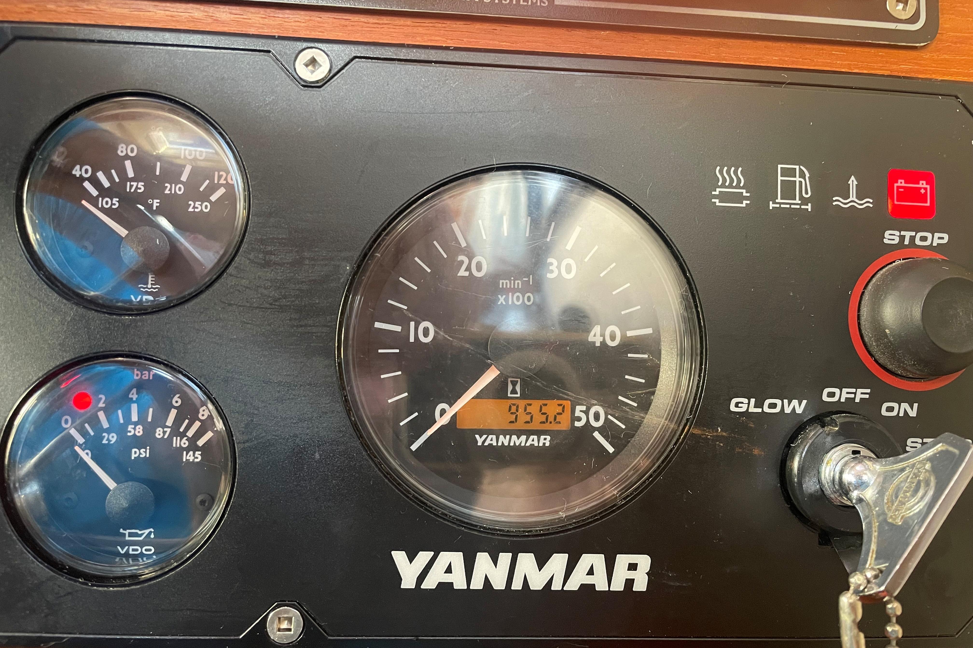 Close-up of Yanmar engine gauges on a 2007 Ranger Tugs R-25 boat.