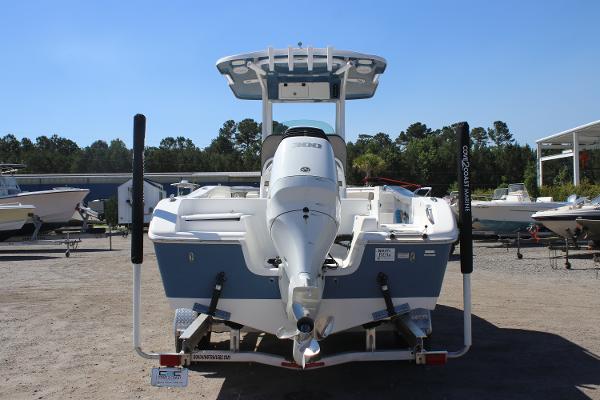 2023 Sea Pro 239 Center Console boat on trailer, rear view.