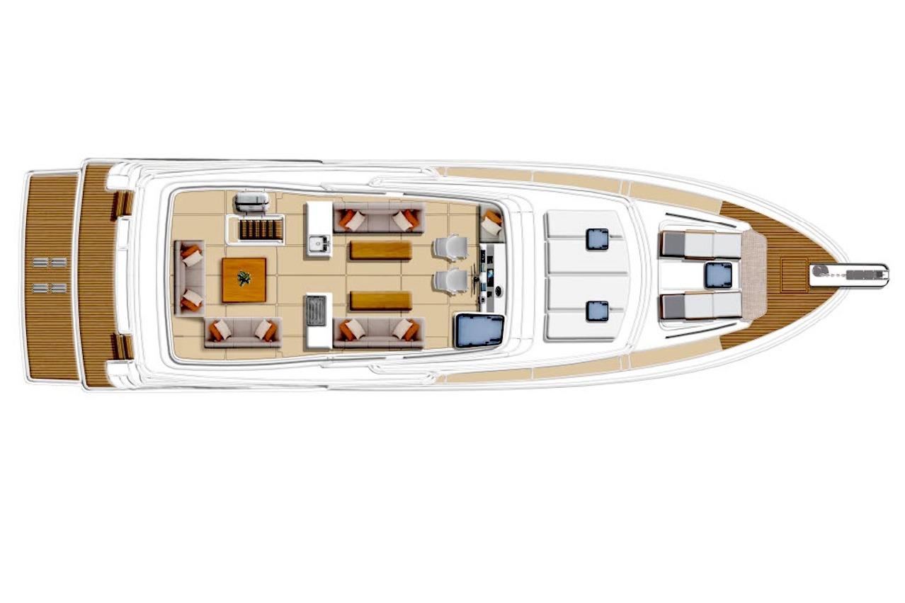 Top view layout of 2027 Offshore Yachts 70 CE, showcasing spacious interior design.