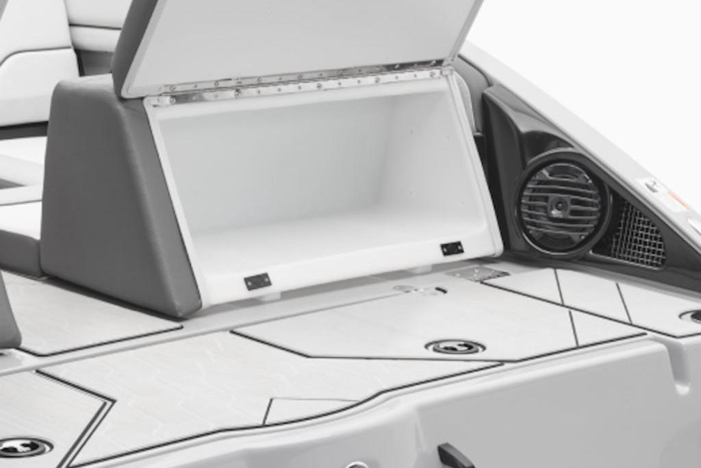 2025 Yamaha Boats 252XE storage compartment and speaker detail.