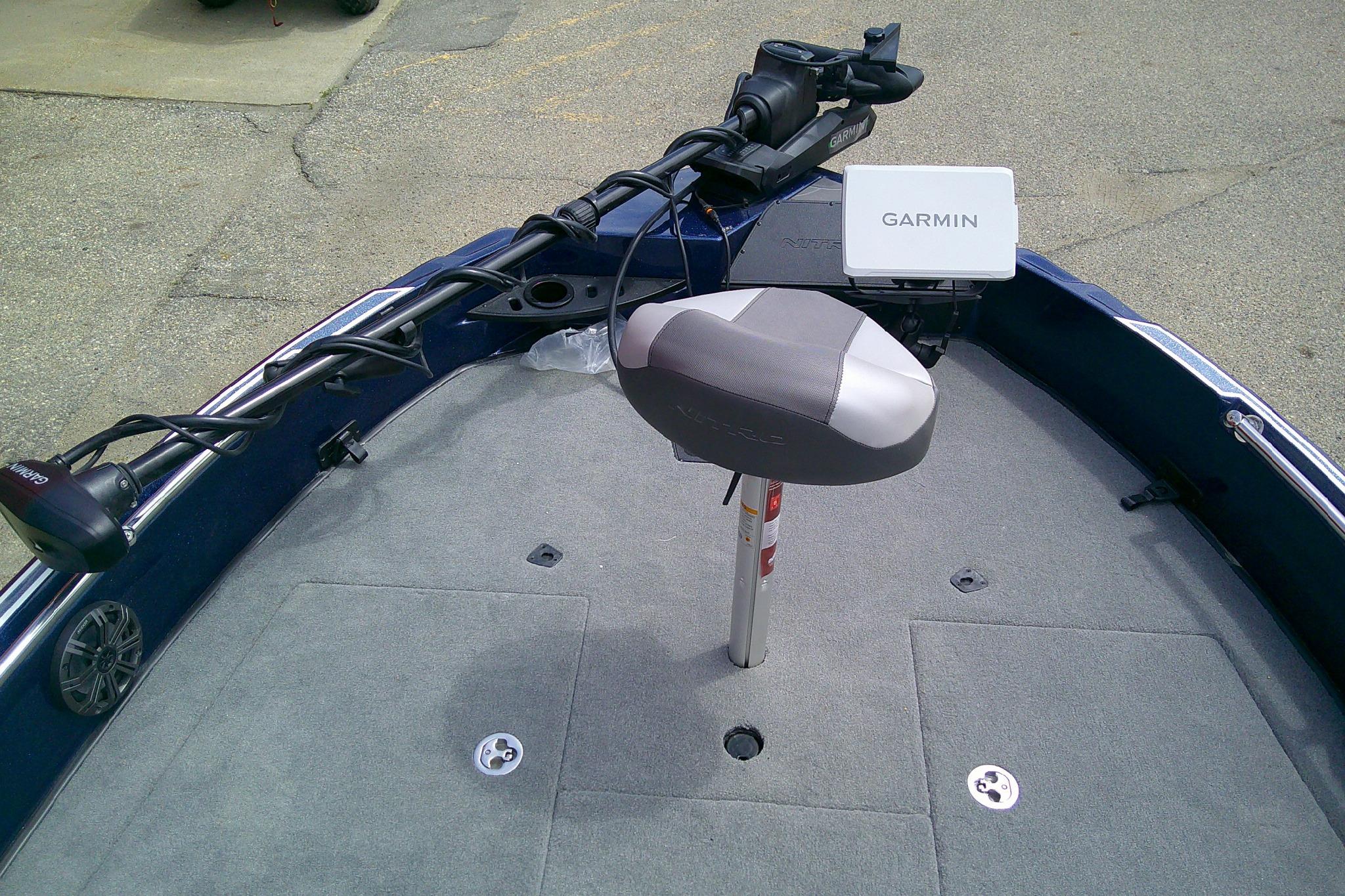 Front deck of 2026 Nitro ZV21 Pro boat with Garmin equipment.