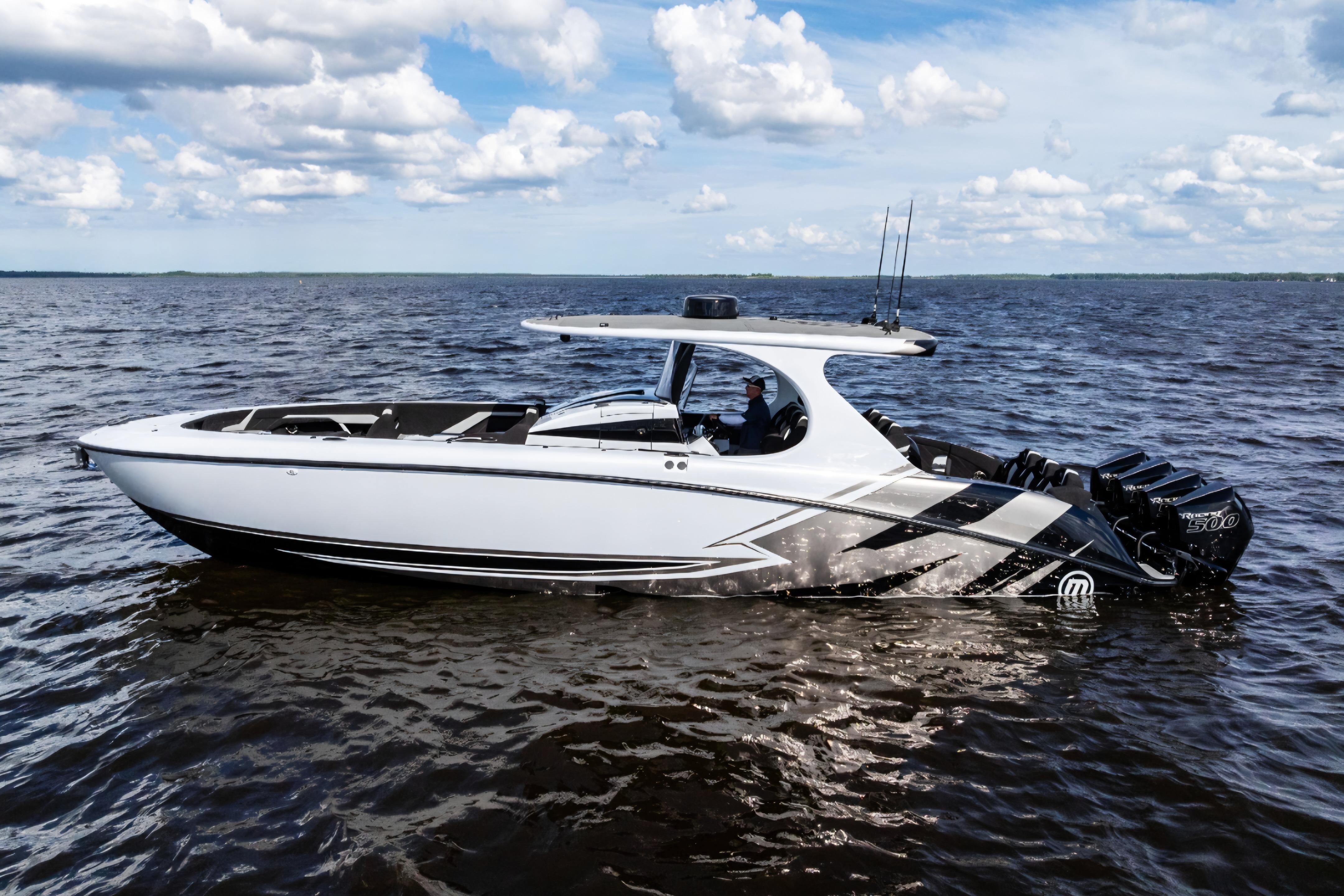 2027 Mystic Powerboats M4200 on open water, showcasing sleek design and powerful engines.