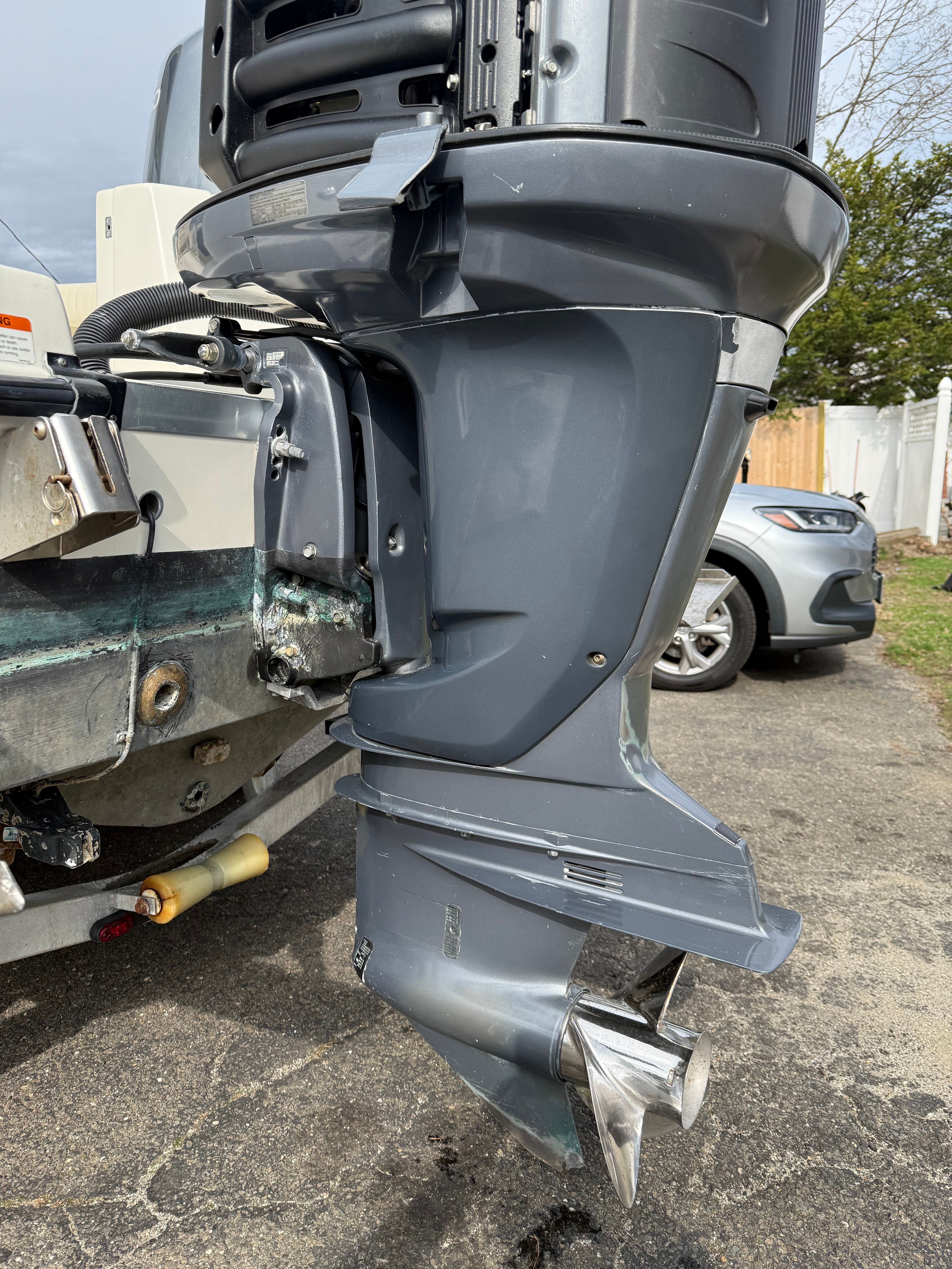 Close-up of 2008 Hydra-Sports Vector 2200 VX outboard motor.