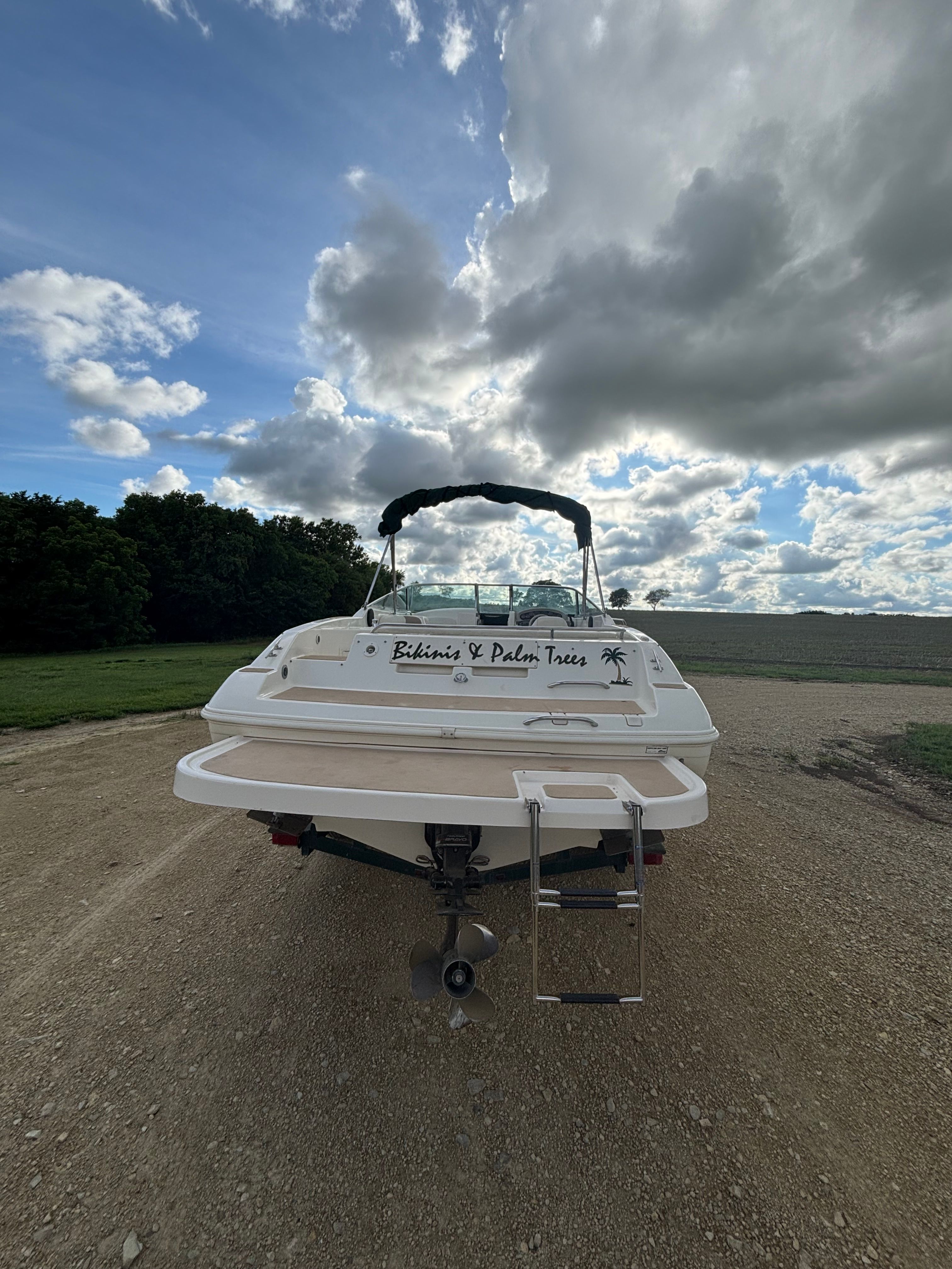 Rinker Captiva 272 boat on dry land, cloudy sky.