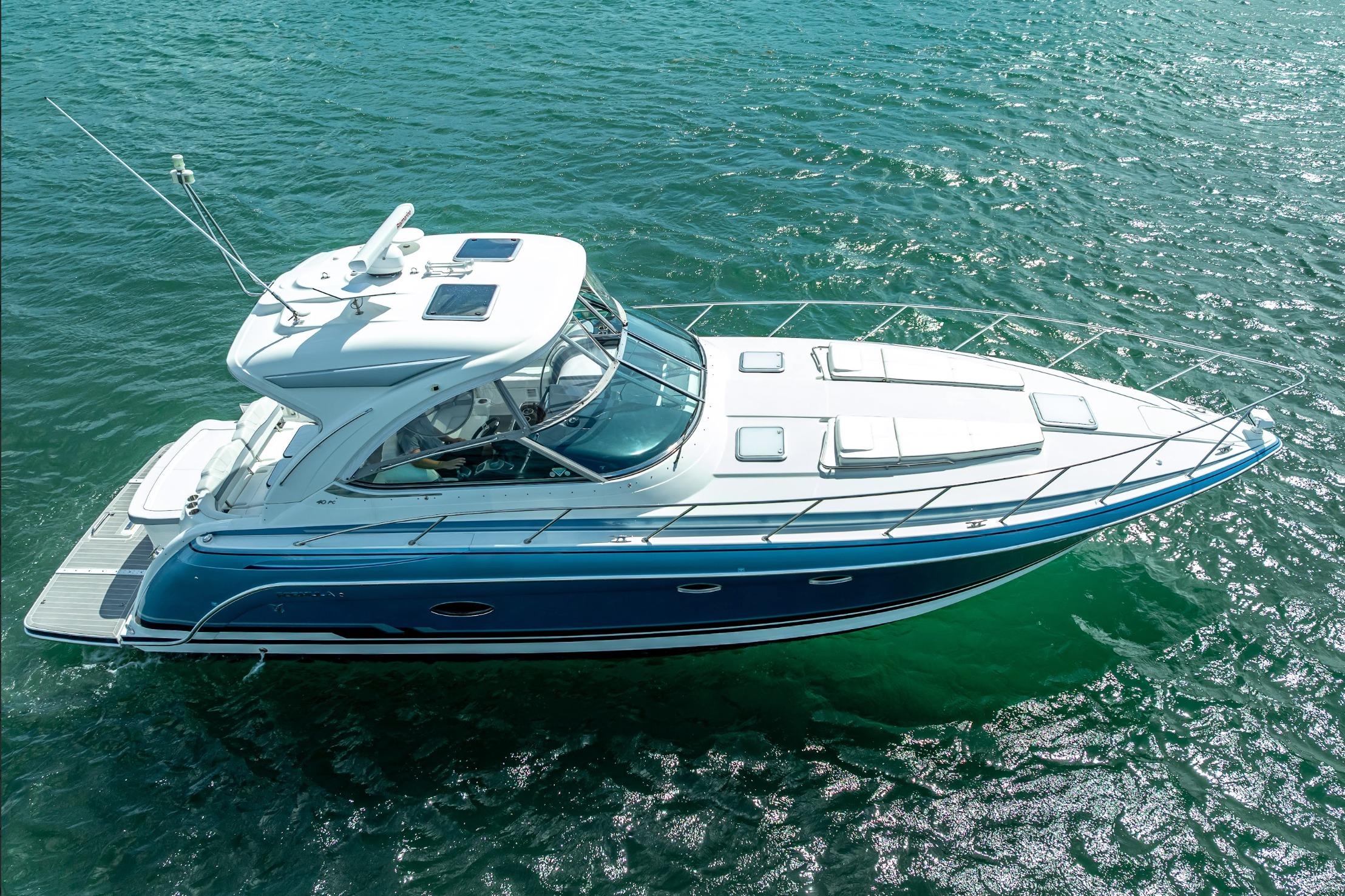 2022 Formula 40 Performance Cruiser on clear blue water, aerial view.