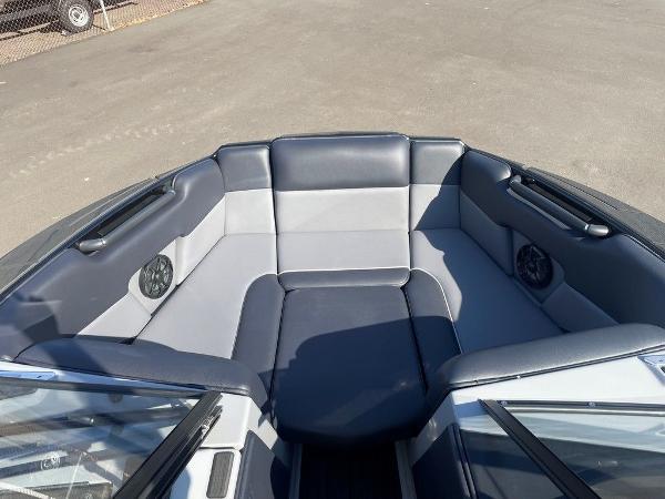 2025 Moomba Mondo boat interior with gray and navy seating.
