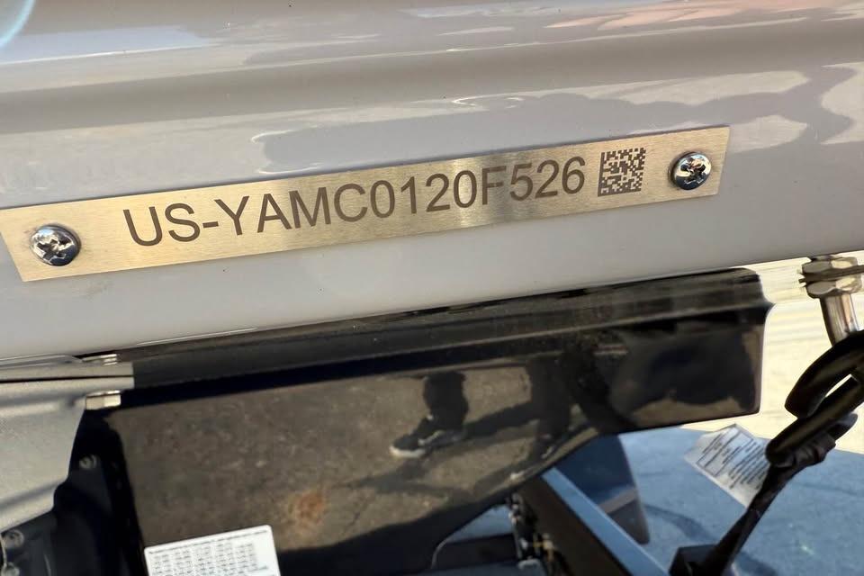 2026 Yamaha Boats AR250 hull identification number plate with QR code.