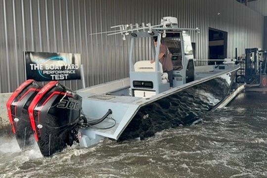 2019 Metal Shark 28 CC boat undergoing performance test in water.