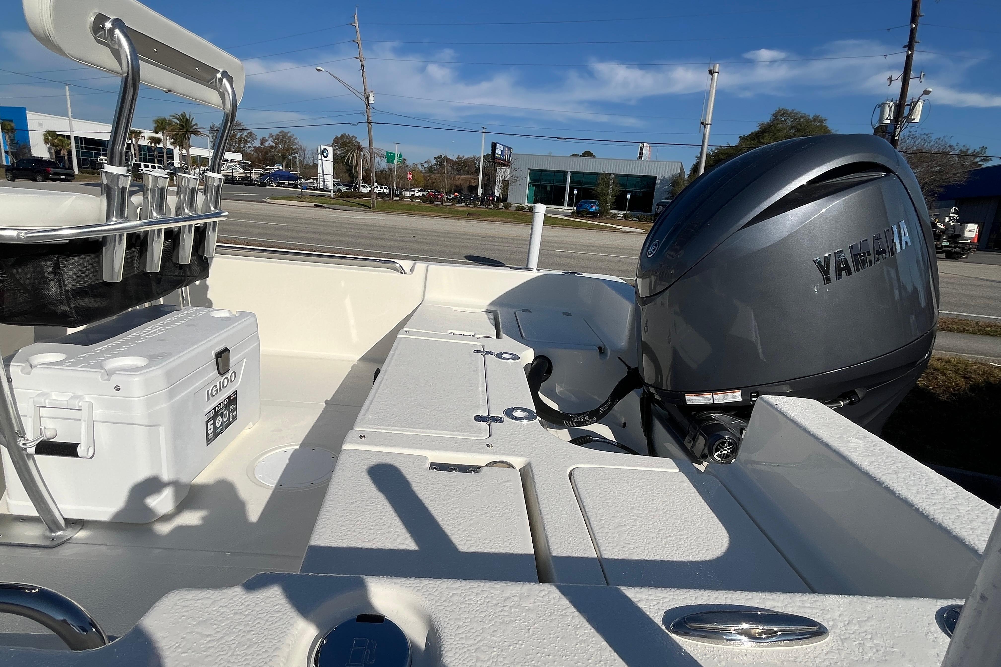 2026 Bulls Bay 2200 boat with Yamaha engine and Igloo cooler on deck.