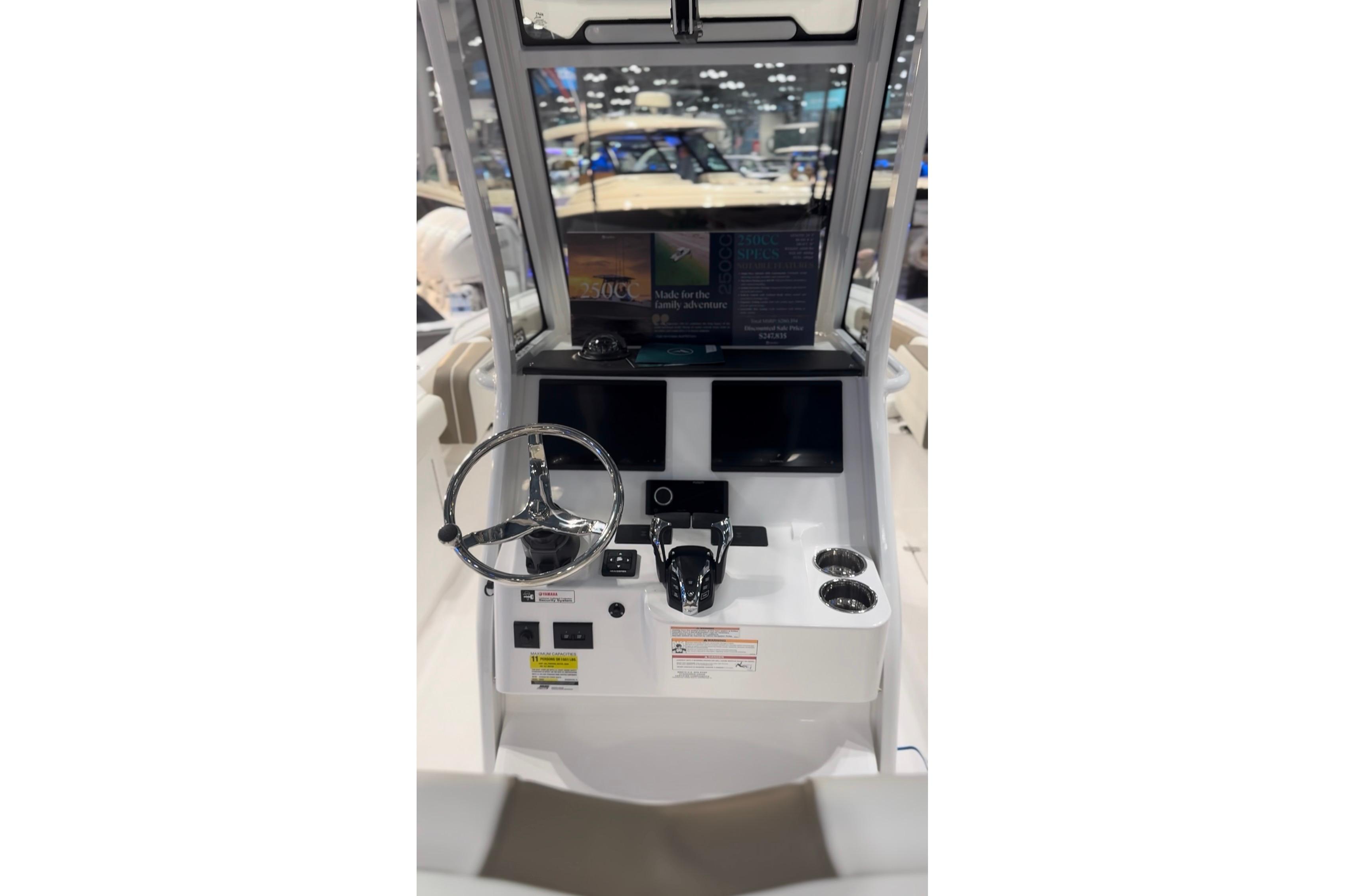 Interior view of Edgewater 250CC 2026 helm station.