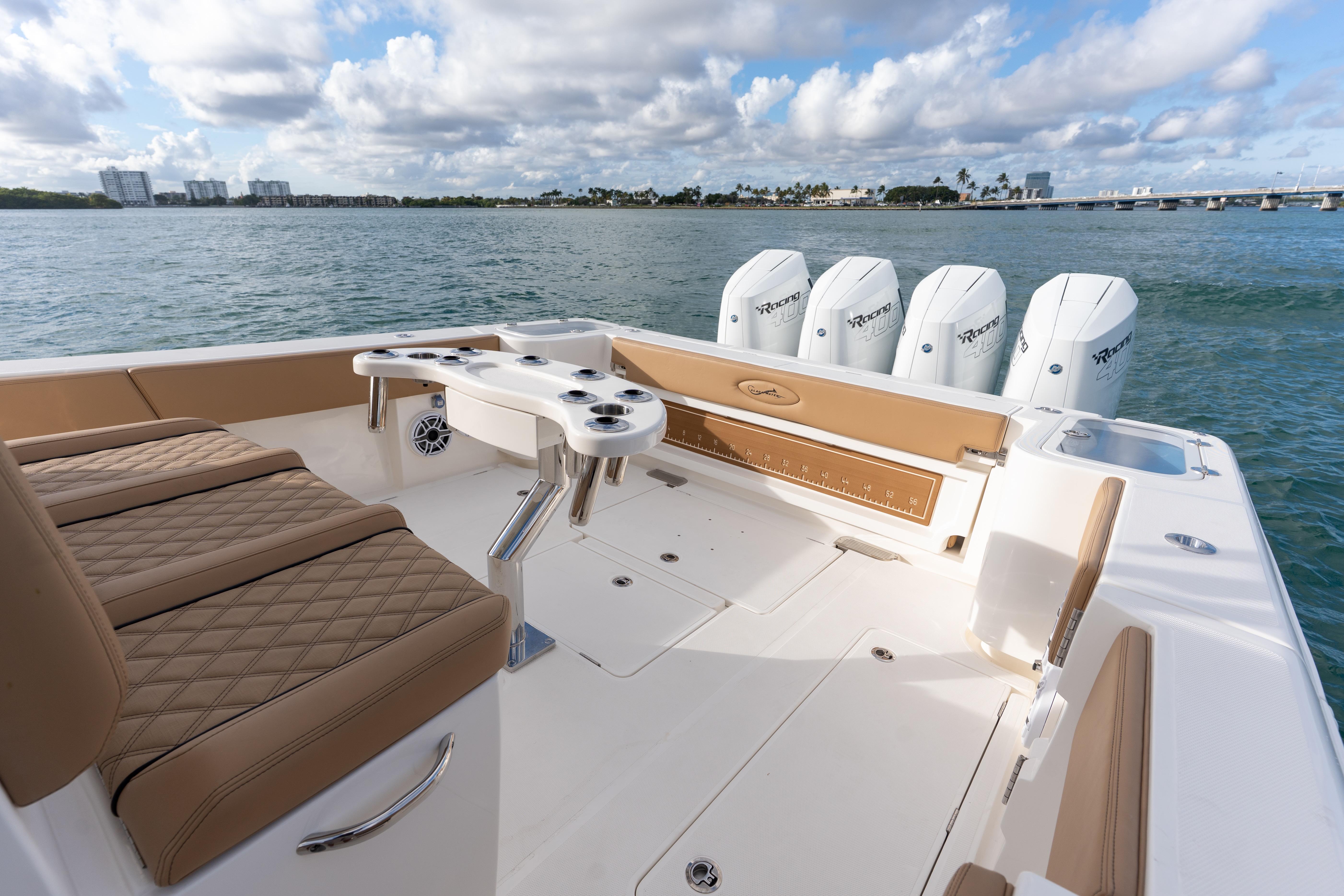 2026 Blackwater 41 Performance Fish boat with luxurious seating and powerful engines on open water.