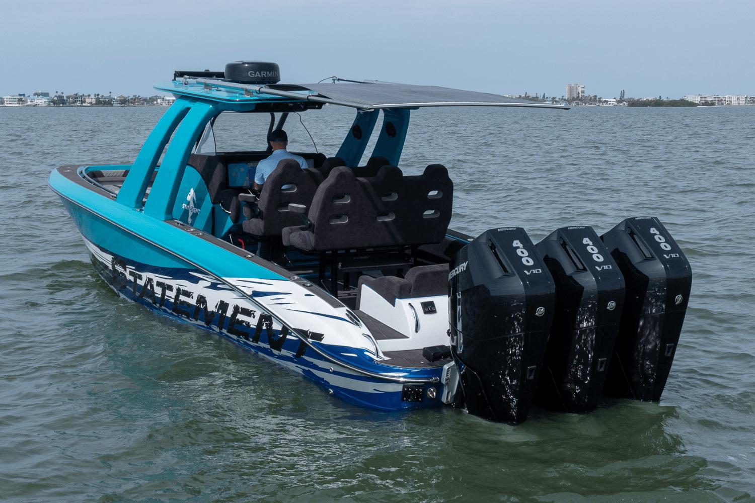 2024 Statement 38 Open boat with four Mercury 400 V10 engines on the water.