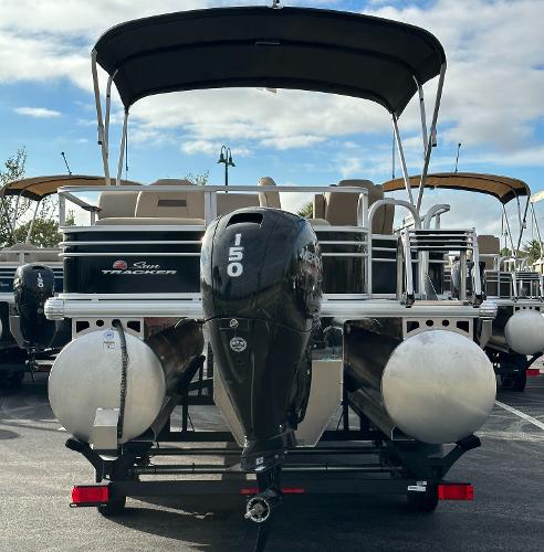2023 Sun Tracker SportFish 22 XP3 pontoon boat with 150 HP engine.