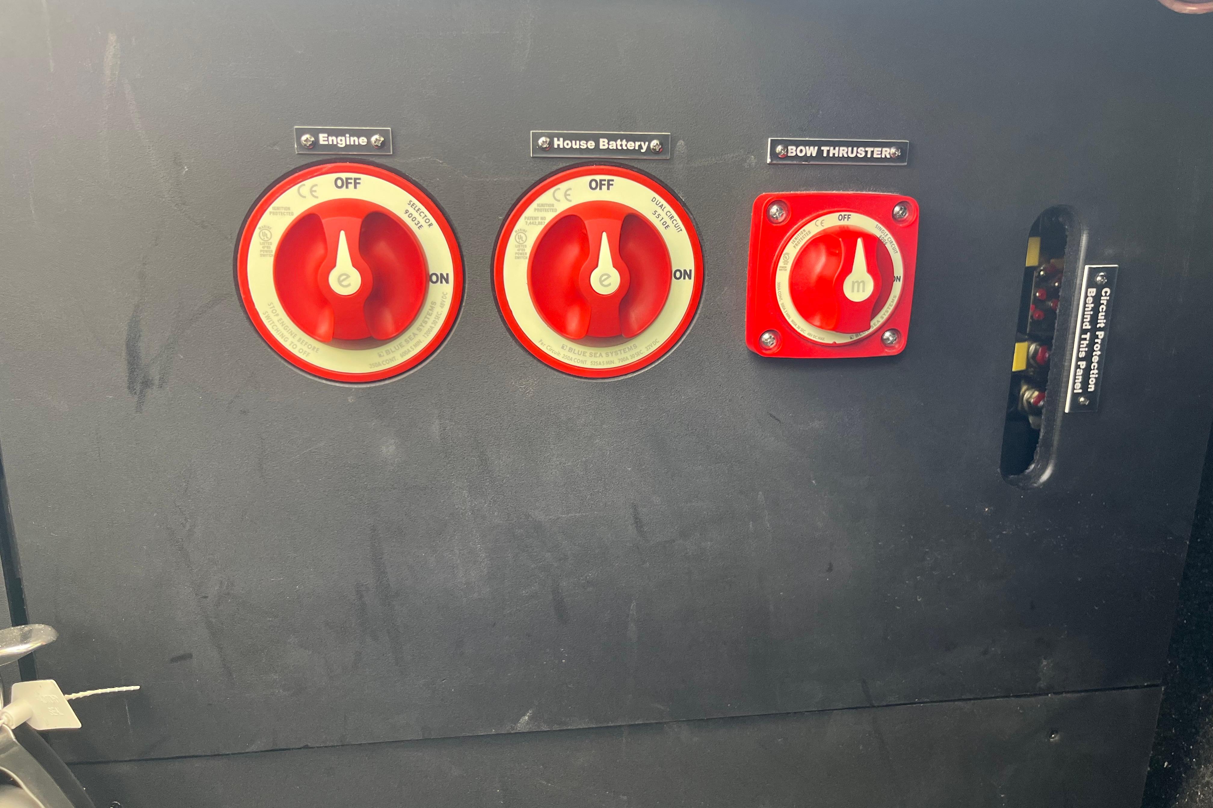2024 Regal LS9 Surf control panel with engine, battery, and bow thruster switches.