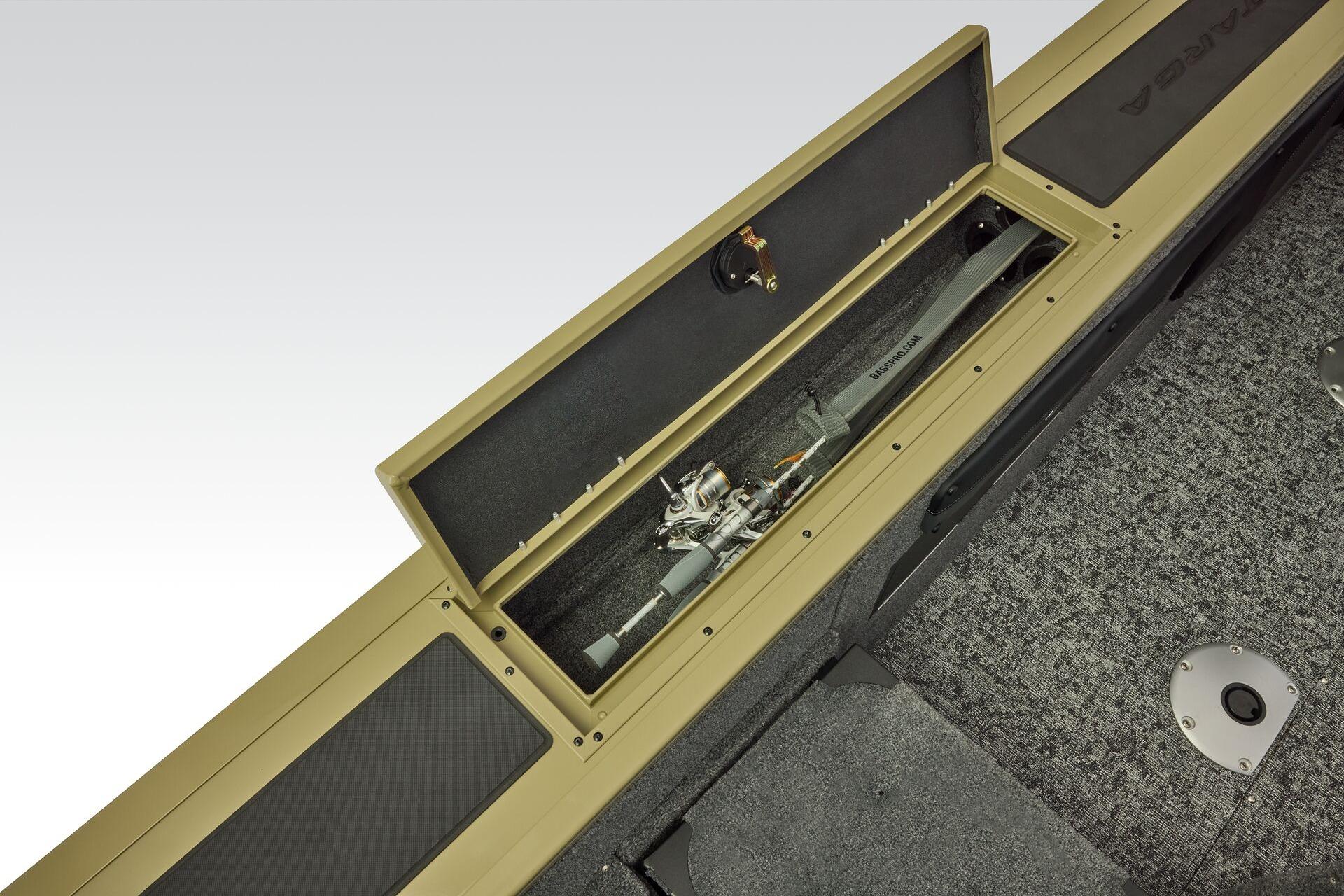 2026 Tracker Targa V-19 Combo boat storage compartment with fishing rod.