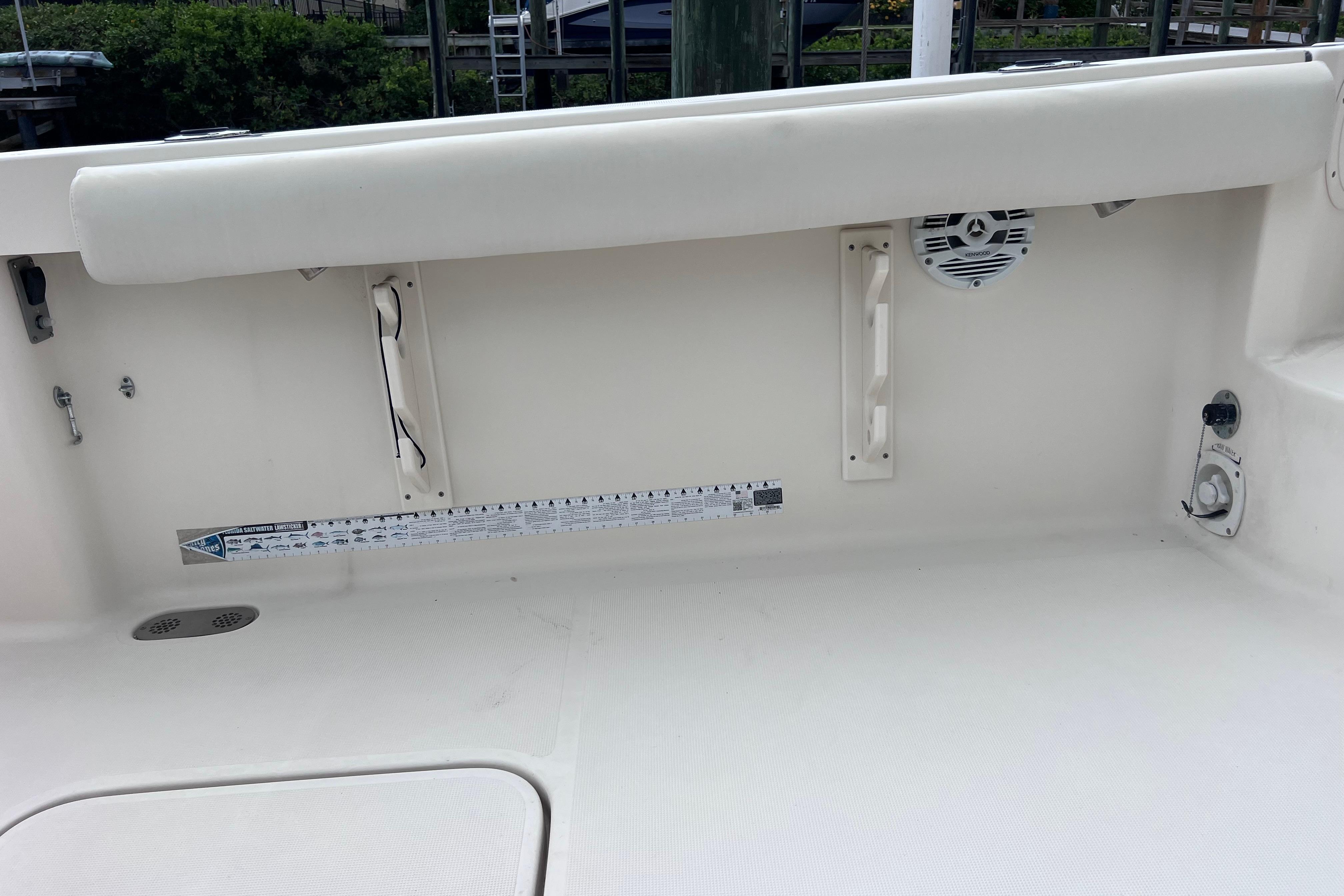 2005 Pursuit 3070 Offshore boat interior with ruler and speaker detail.