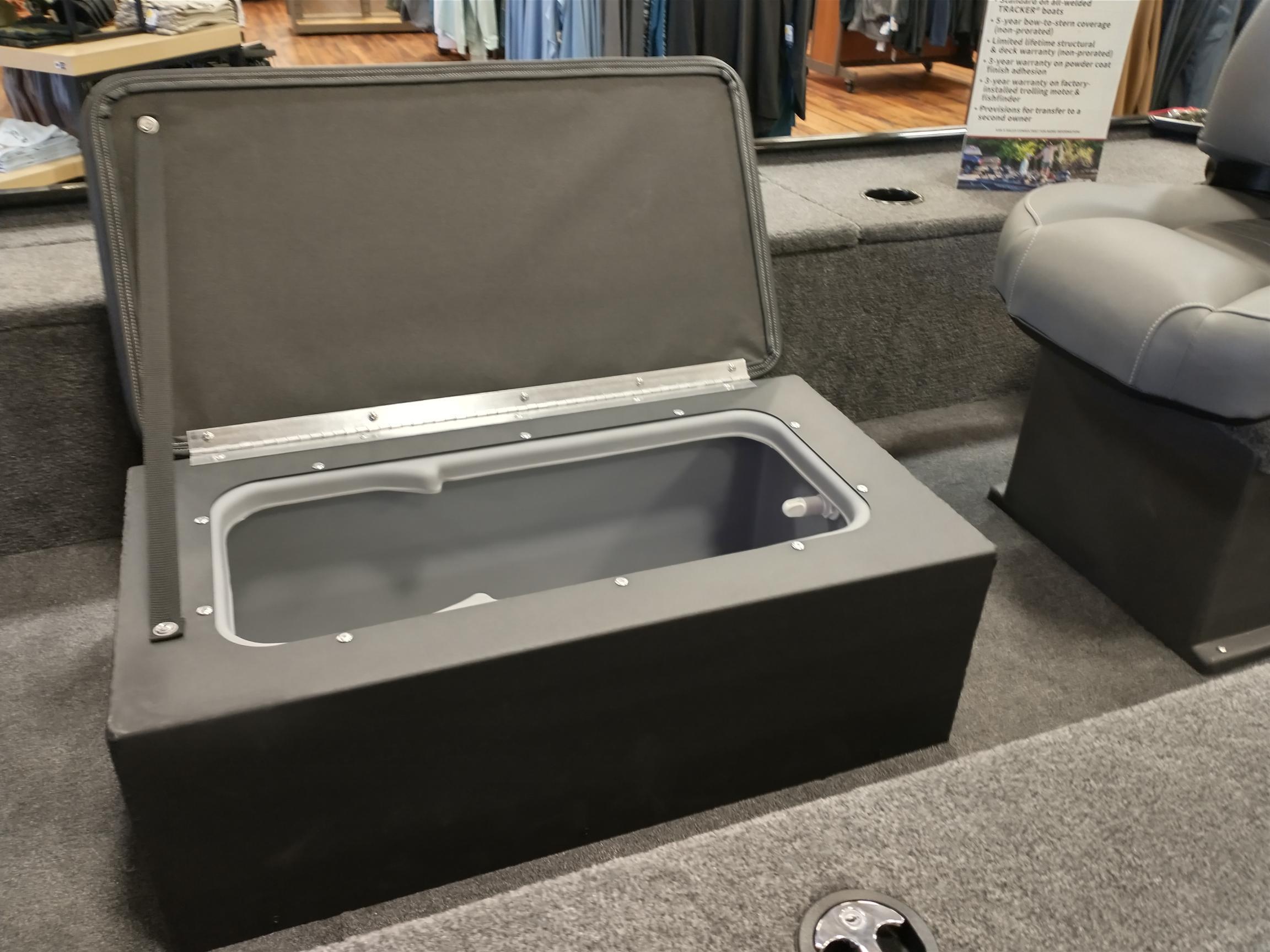 Open storage compartment in 2025 Tracker Panfish 17 boat interior.