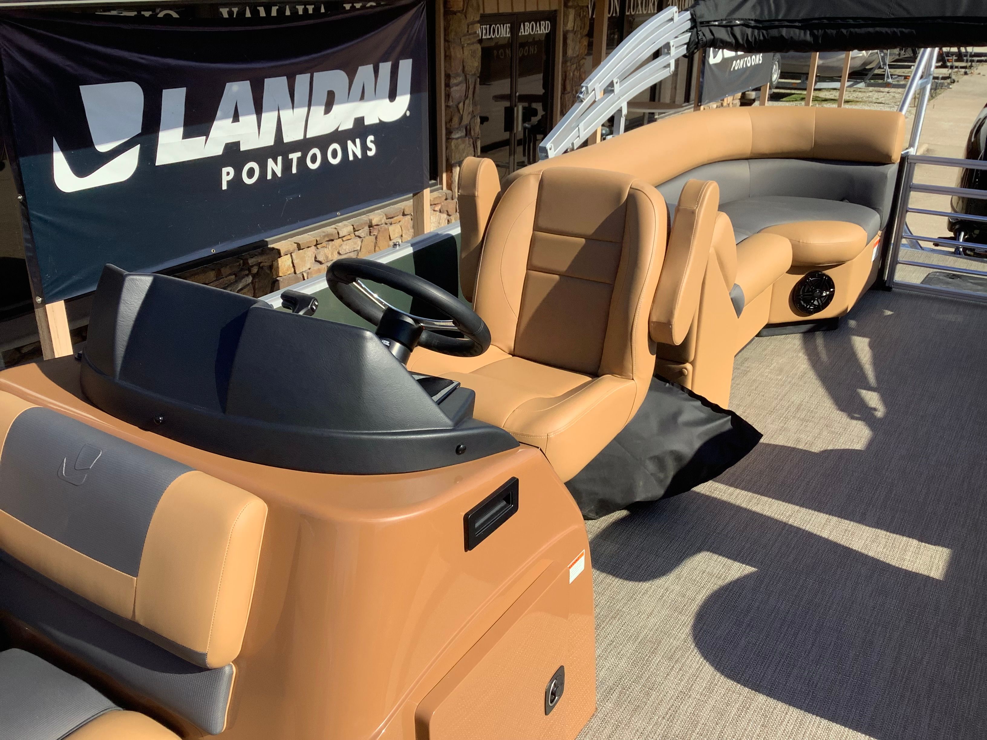 Interior of the 2026 Landau 21 Island Breeze pontoon.