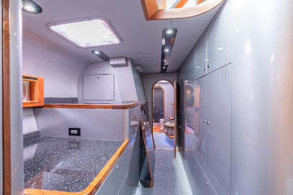 Interior of 2025 Shuttleworth 52 AeroRig yacht, featuring sleek design and modern amenities.