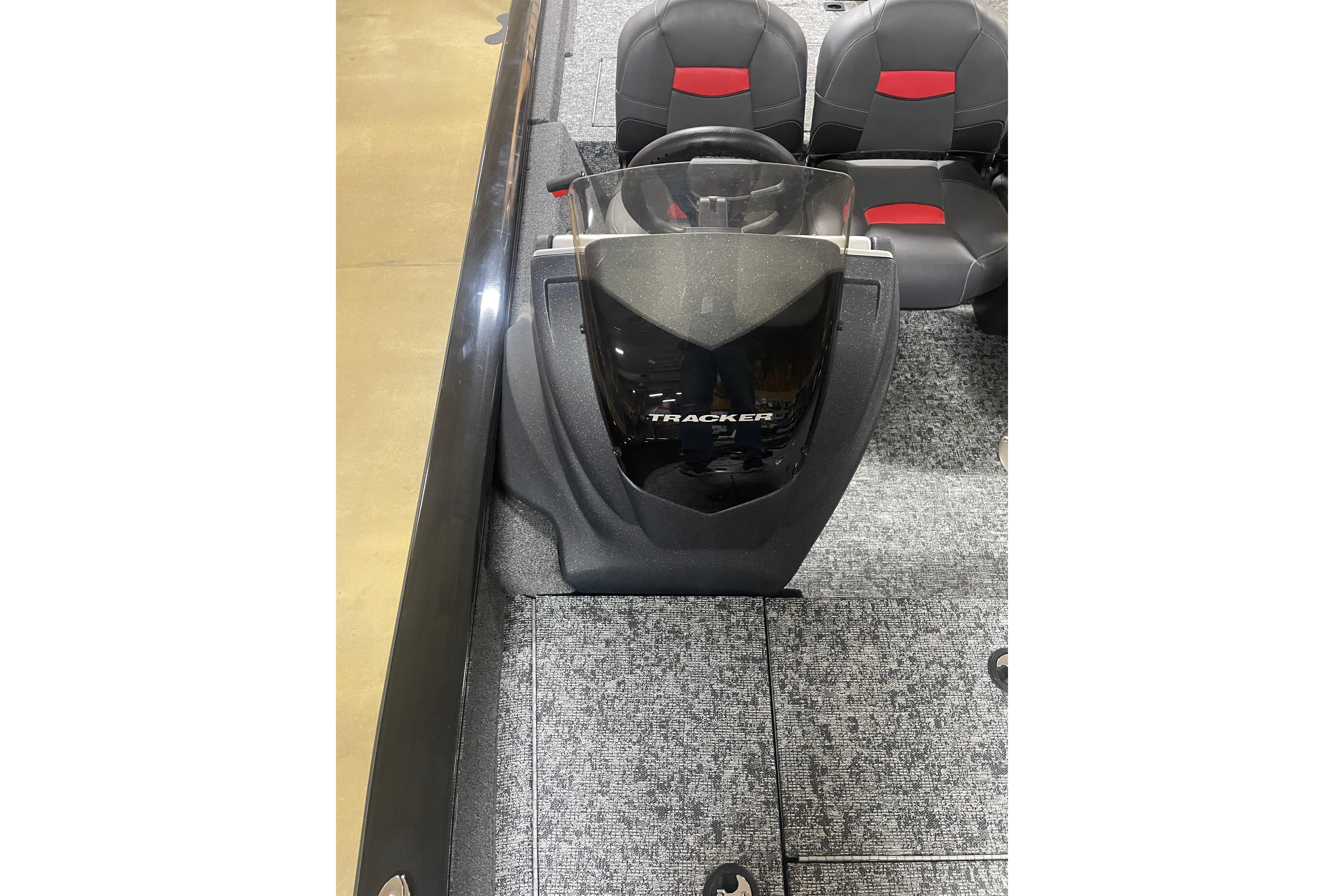 2026 Tracker Pro Team 175 Crappie Edition boat interior with steering console and seating.