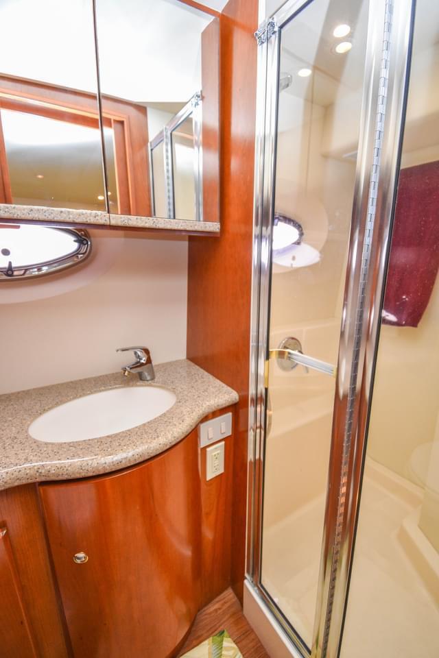 2007 Silverton 35 Motor Yacht bathroom with sink and shower.