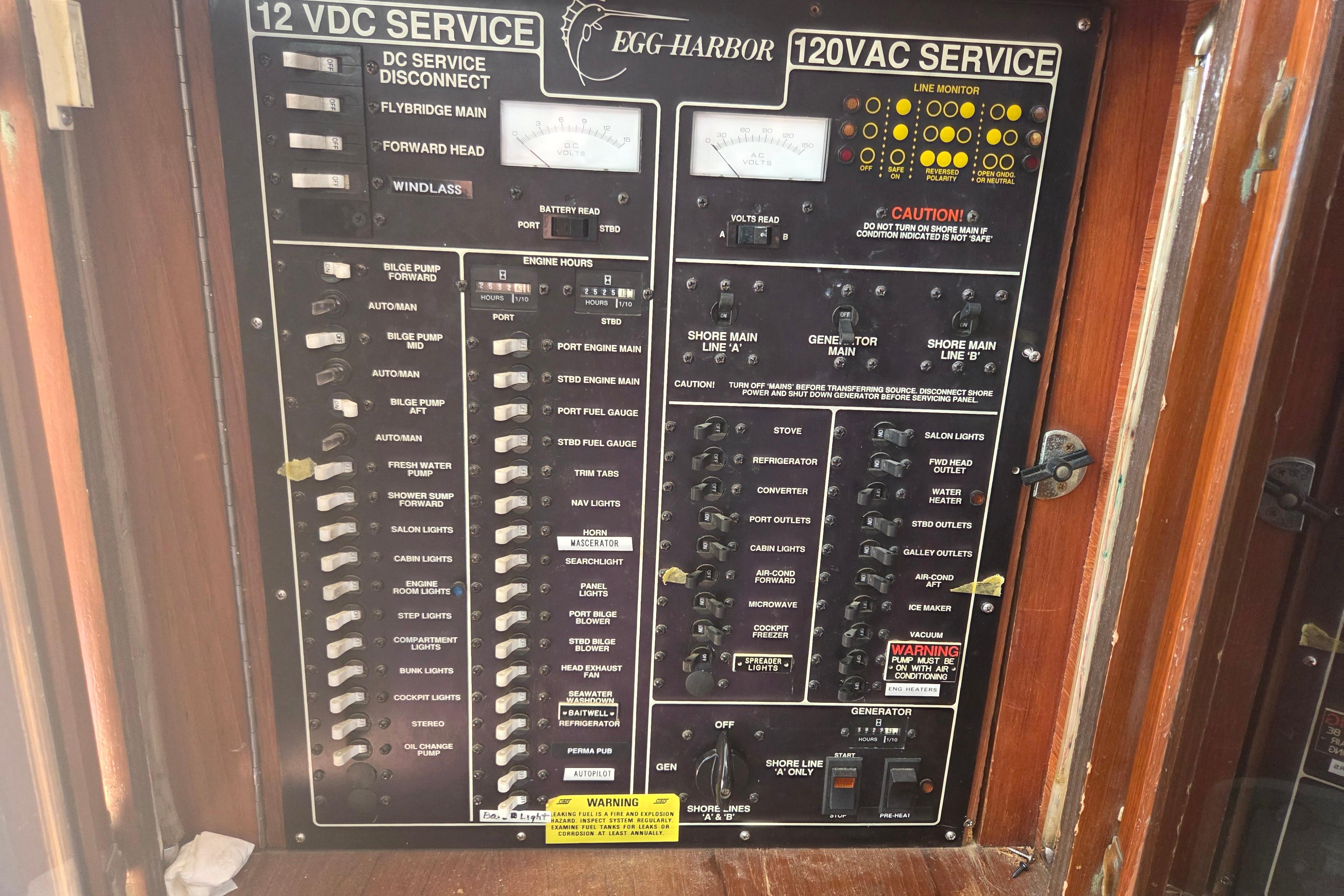 Electrical panel of a 1990 Egg Harbor Golden Egg 42 boat, showing switches and gauges.
