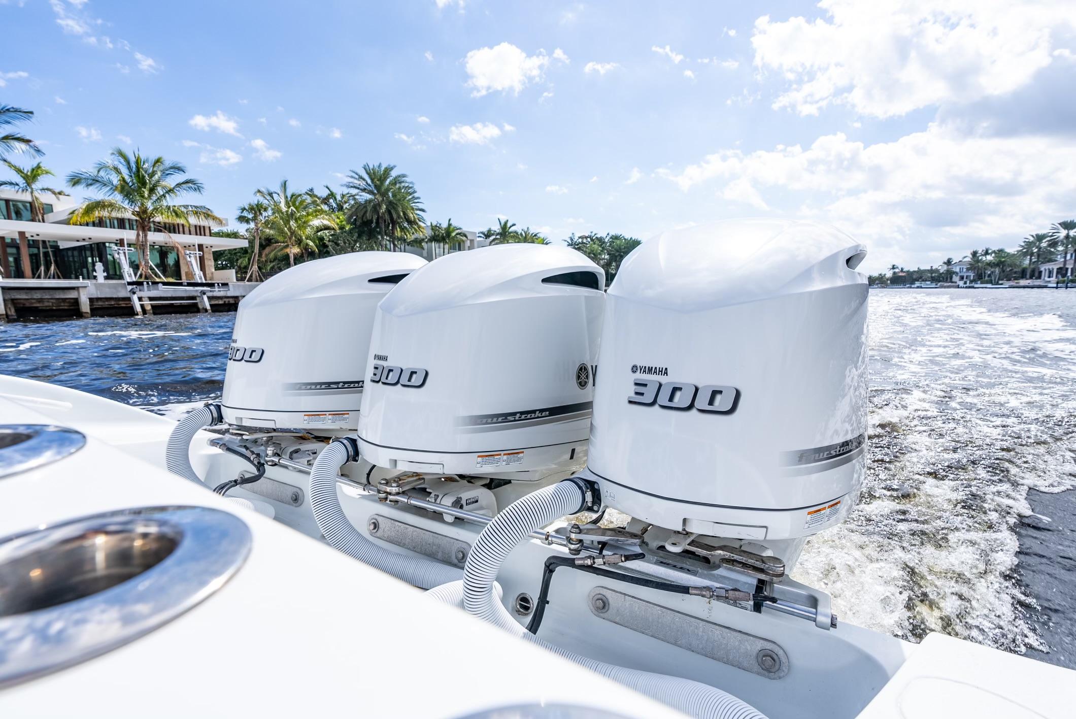 Three Yamaha 300 outboard engines on Yellowfin 36 Offshore boat, 2020.