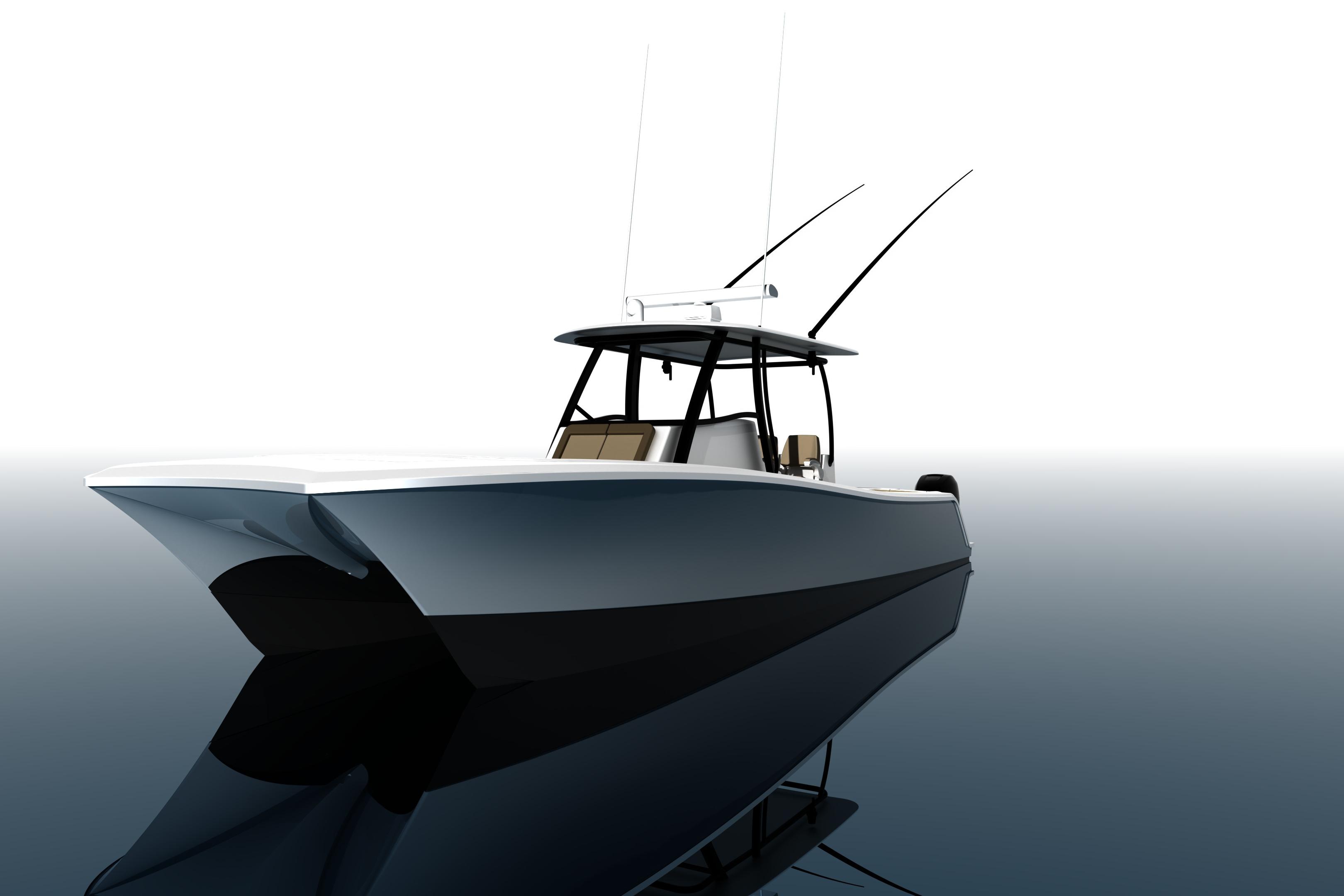 2026 Front Runner 34 Catamaran on calm water, sleek design, modern fishing boat.