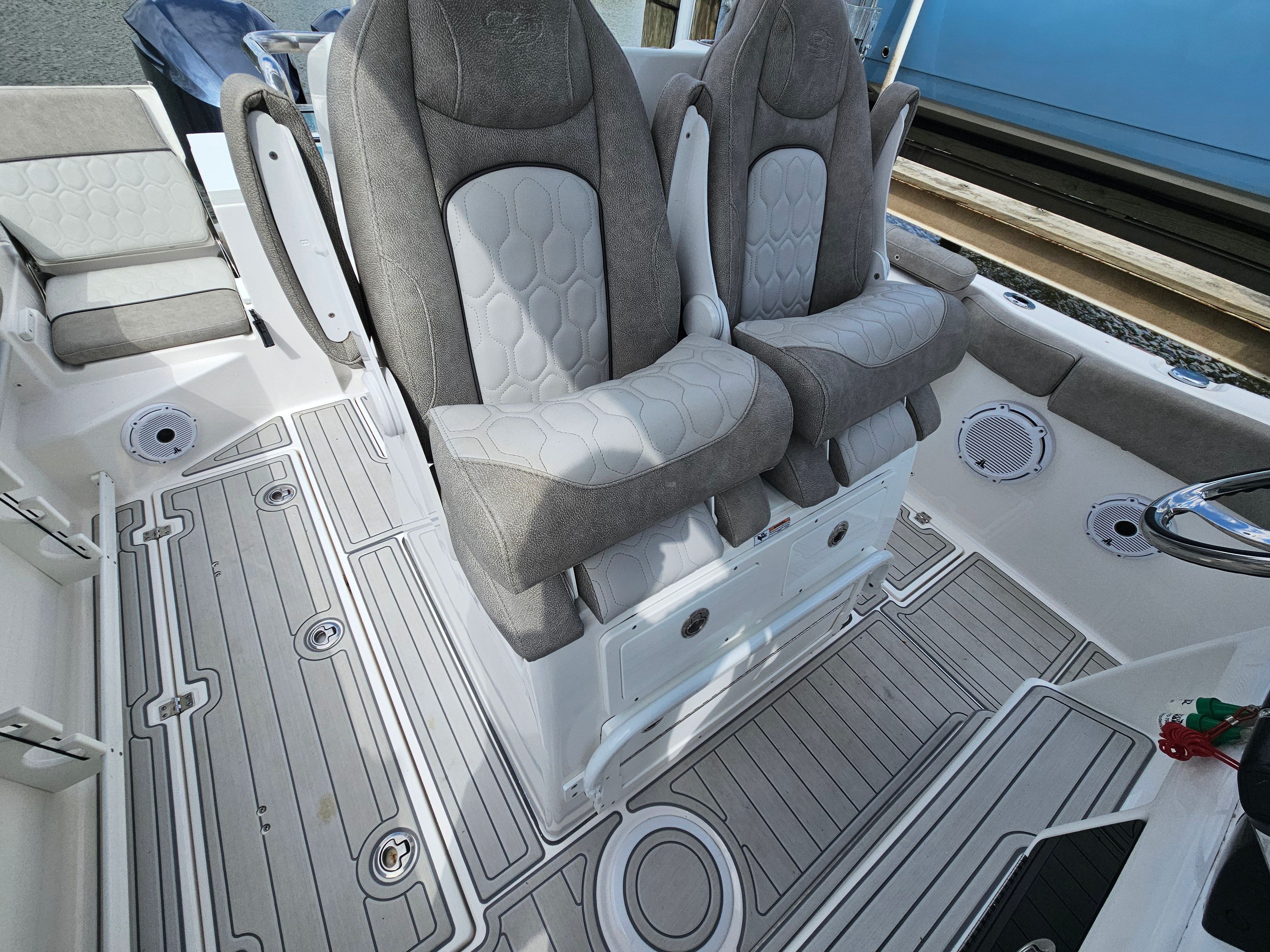Interior of 2021 Sea Fox 288 Commander with gray seating.