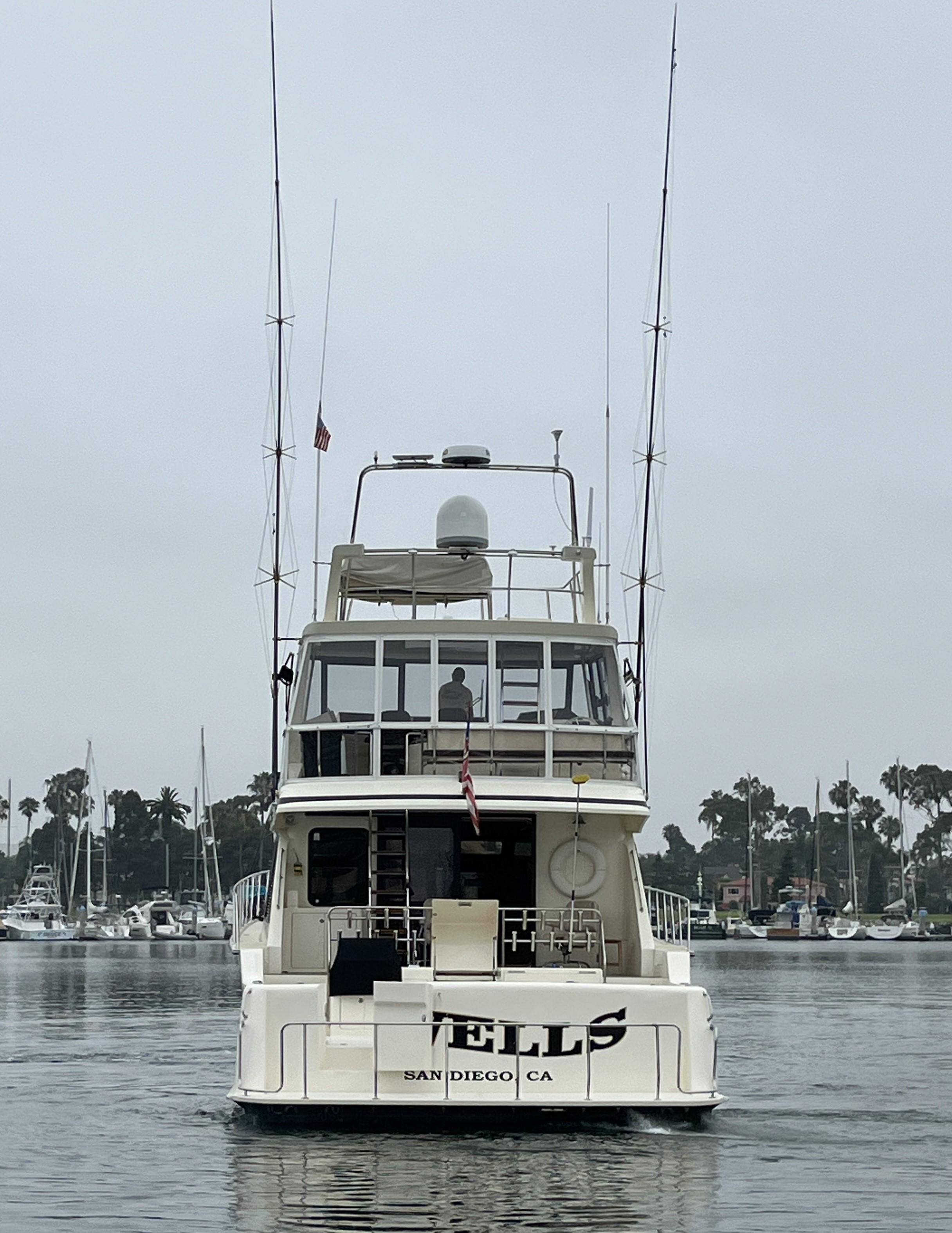 1999 Mikelson Long-Range Luxury Sportfisher yacht in San Diego harbor.