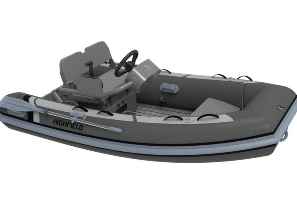 2025 Highfield Classic 310 inflatable boat, gray with steering console and seating.