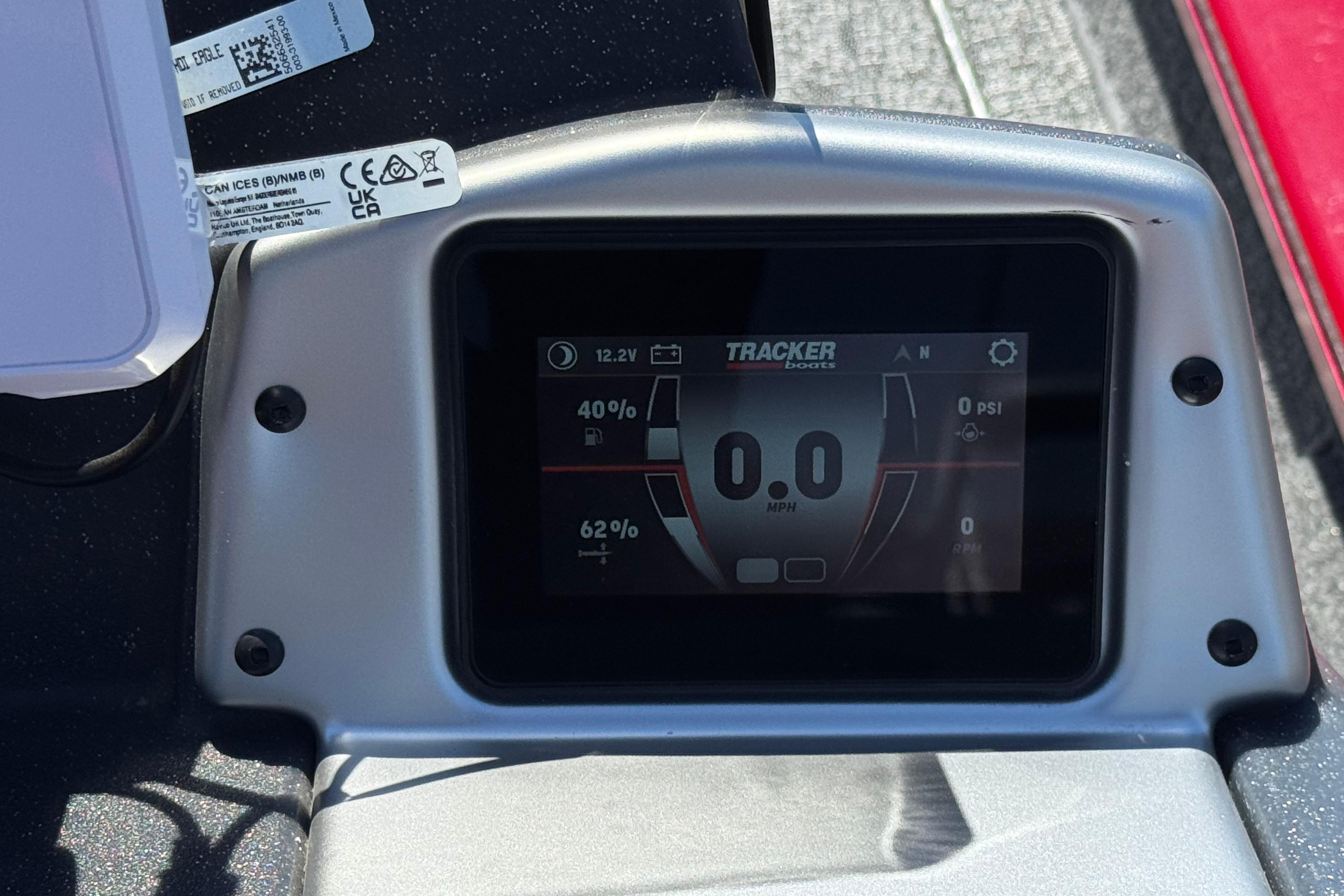 Digital dashboard of 2025 Tracker Pro Team 175 TXW boat displaying speed and fuel levels.