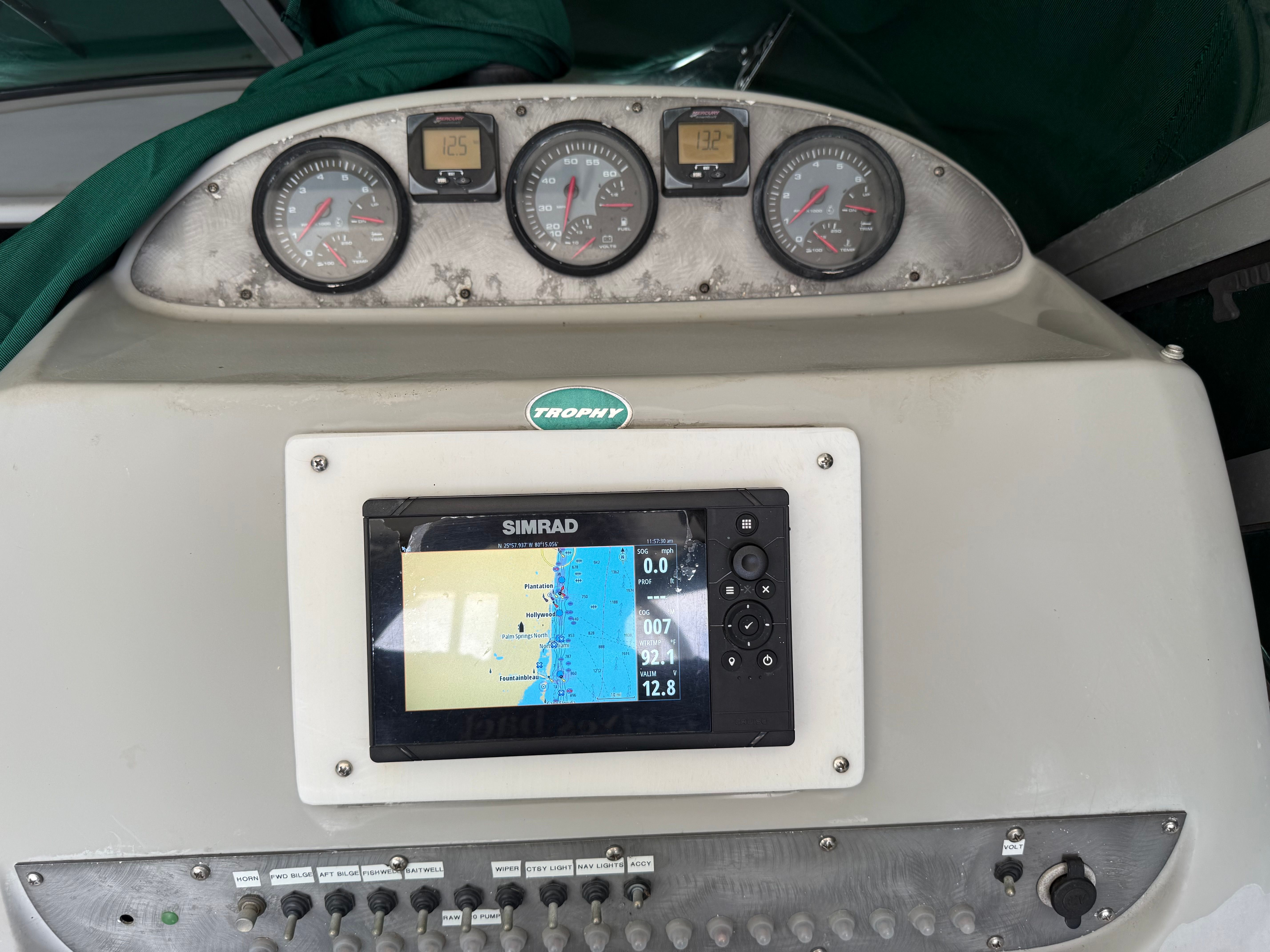 Dashboard of a 2005 Trophy 2902 Walkaround with Simrad navigation system.