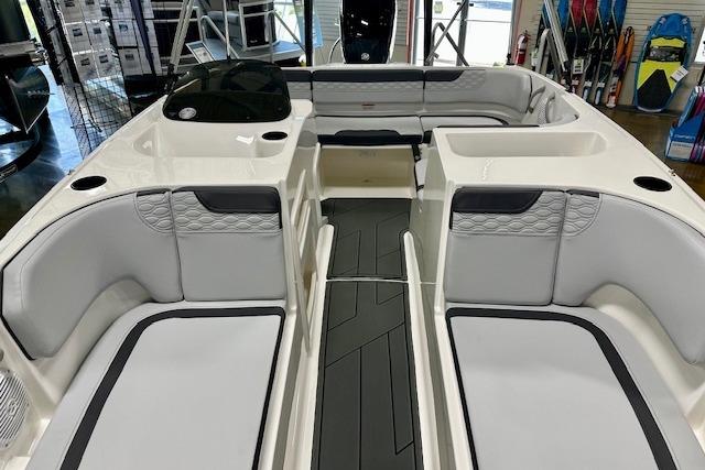 Interior view of 2026 Bayliner M17 boat with modern seating and sleek design.
