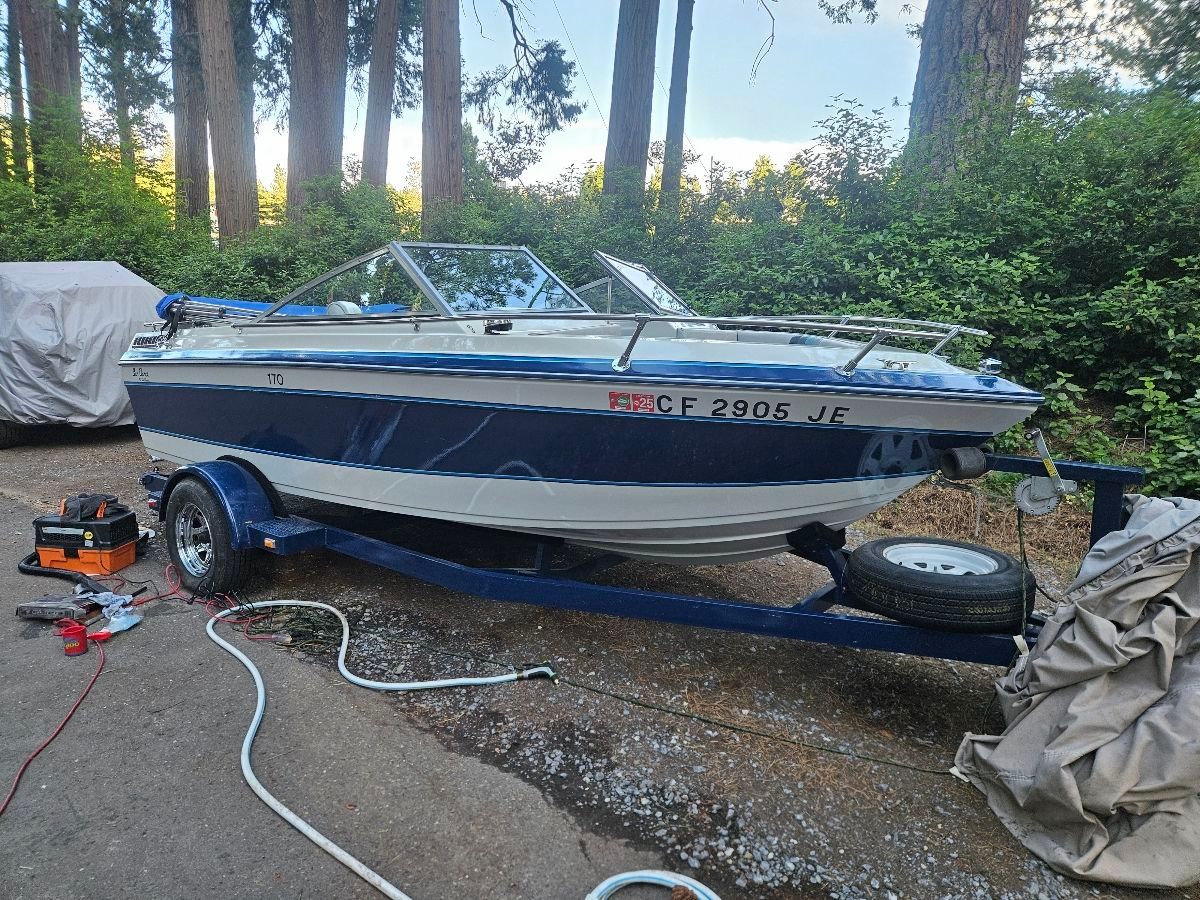 A blue and white motorboat on a trailer, surrounded by trees and equipment.