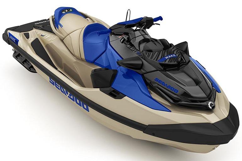 2025 Sea-Doo Wake Pro 230 jet ski in blue and beige, side view.