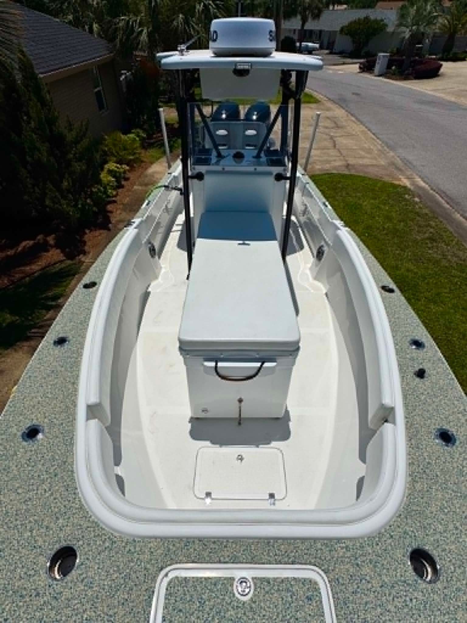 2023 Dusky 278 XFT boat, aerial view of deck and helm.