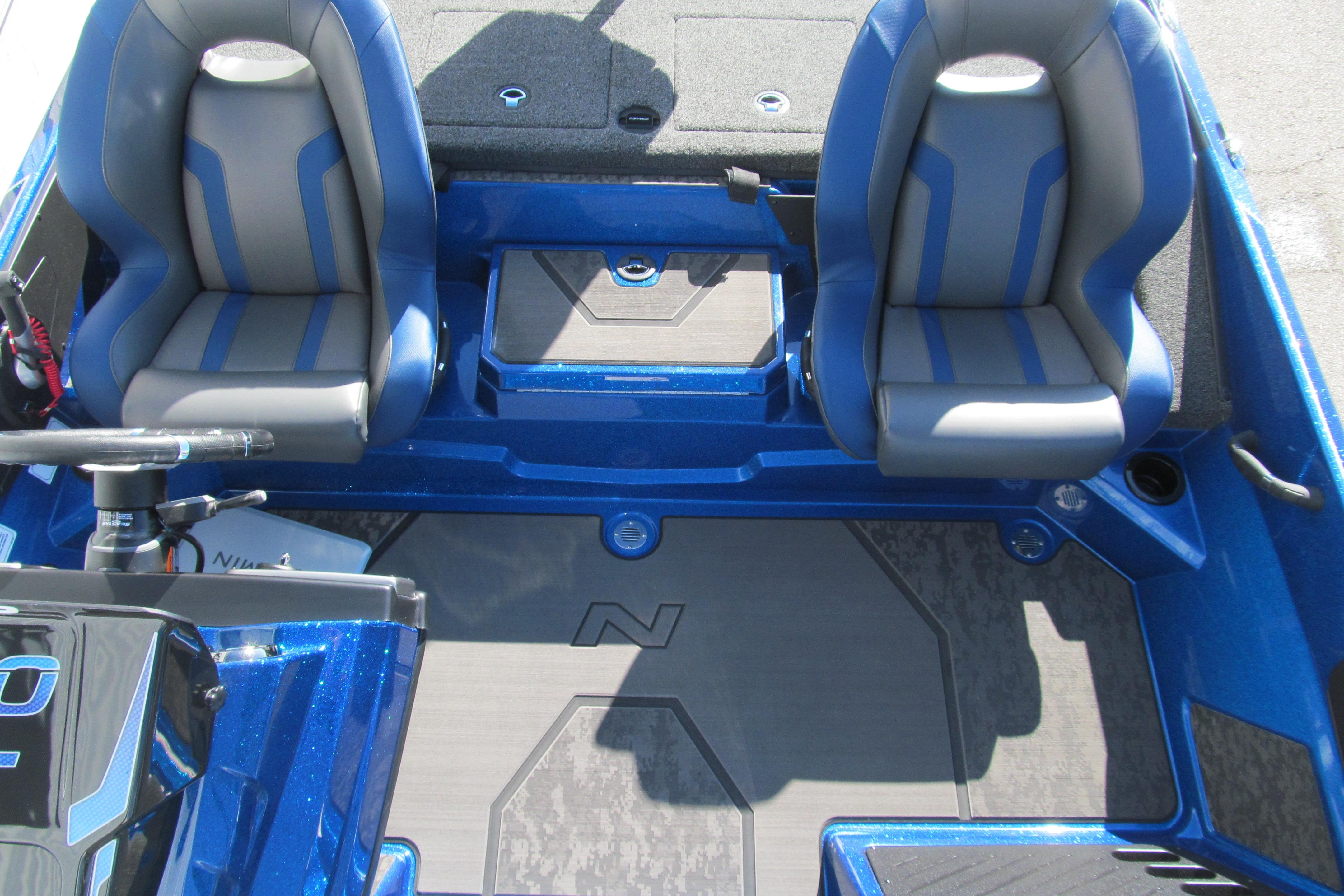 Interior of 2026 Nitro Z20 XL Pro boat with blue and gray seating.