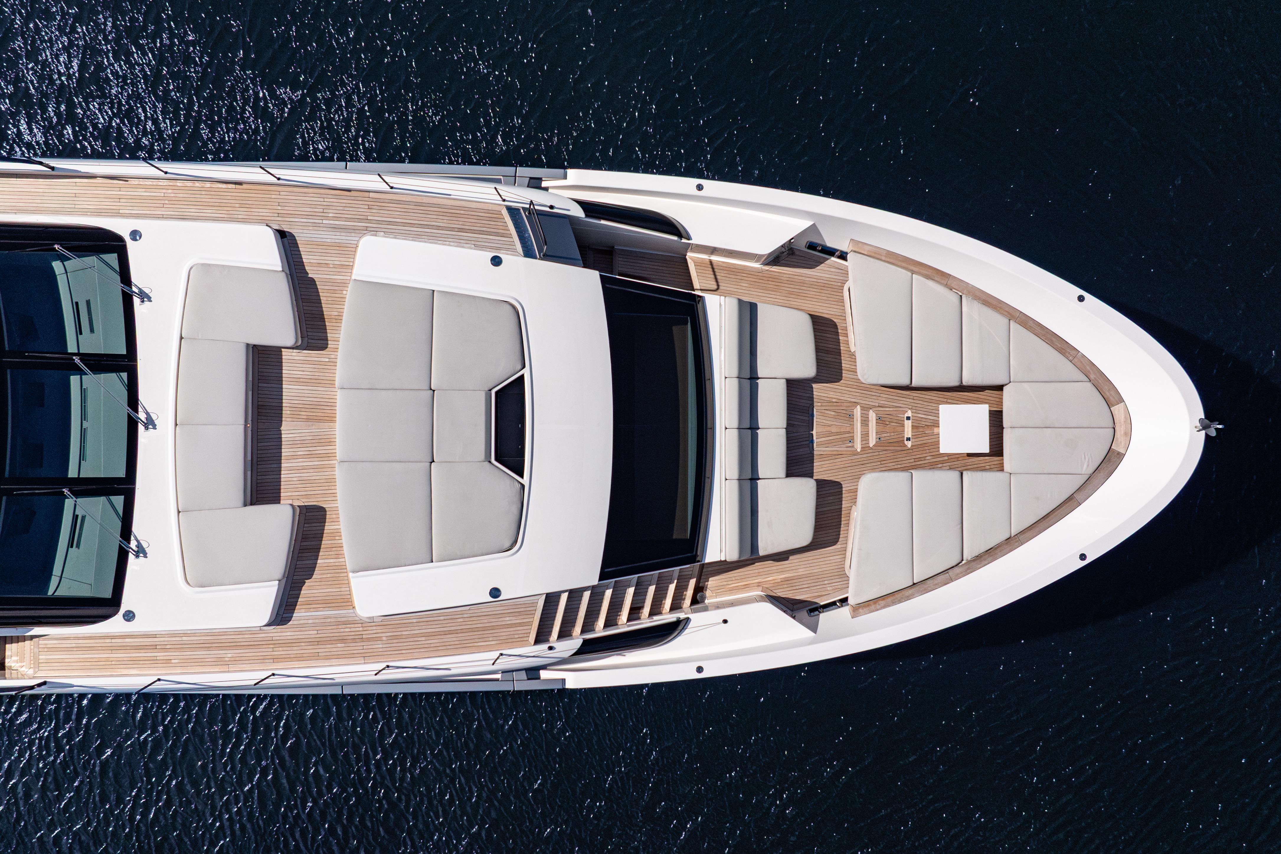 Top view of 2023 Sanlorenzo SL120A yacht with elegant deck and seating.
