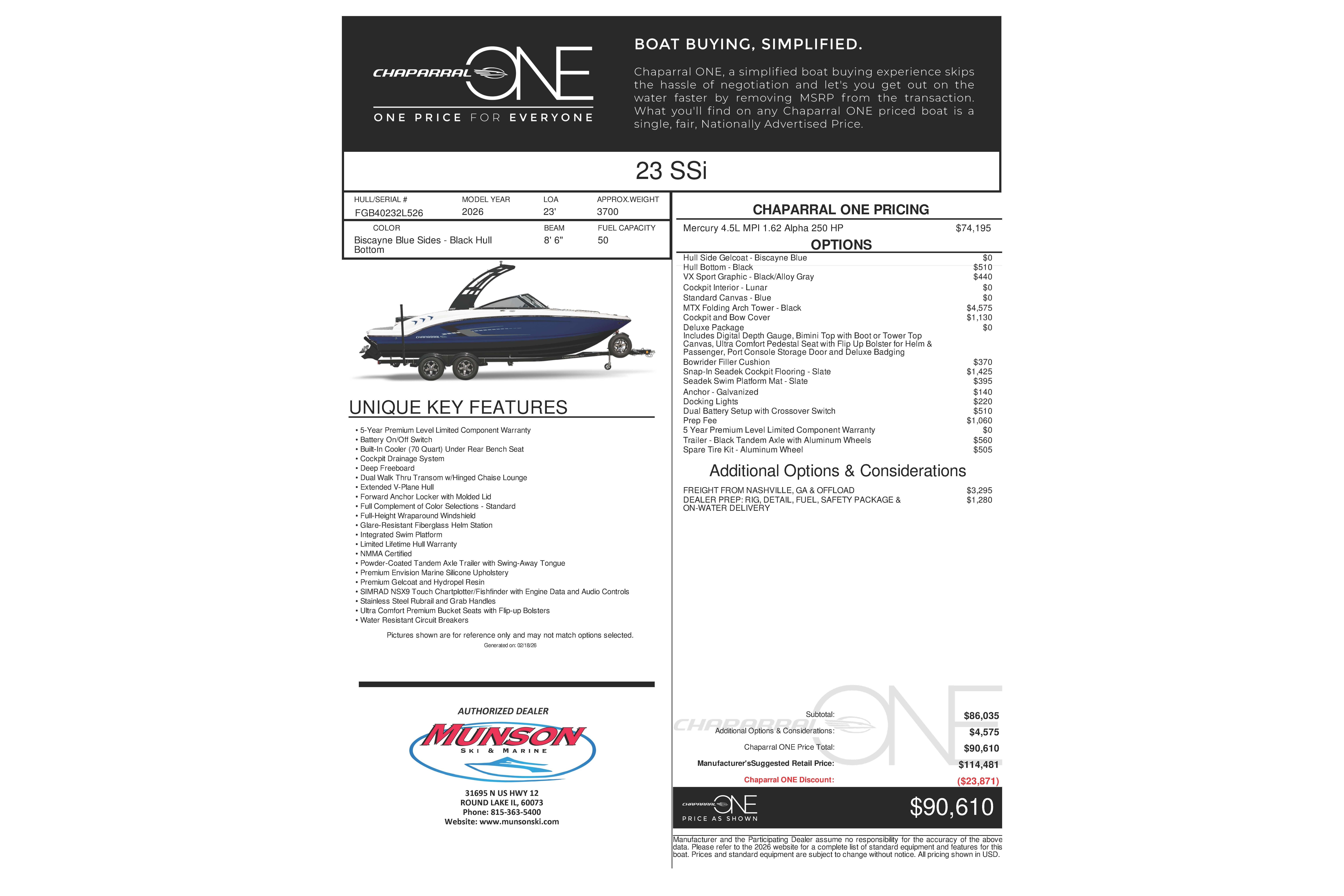 Chaparral 23 SSi 2026 brochure with pricing, features, and options listed.