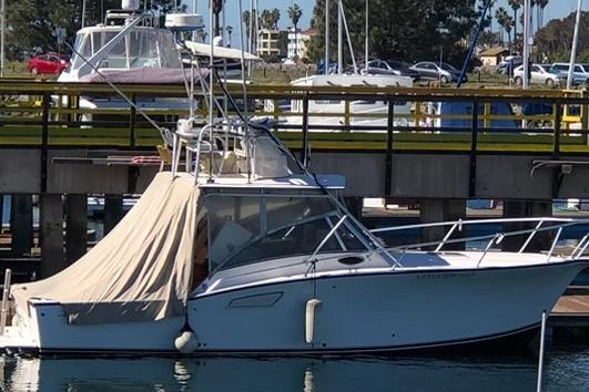 1999 Albemarle 305 Express Fisherman boat docked at marina with cover.
