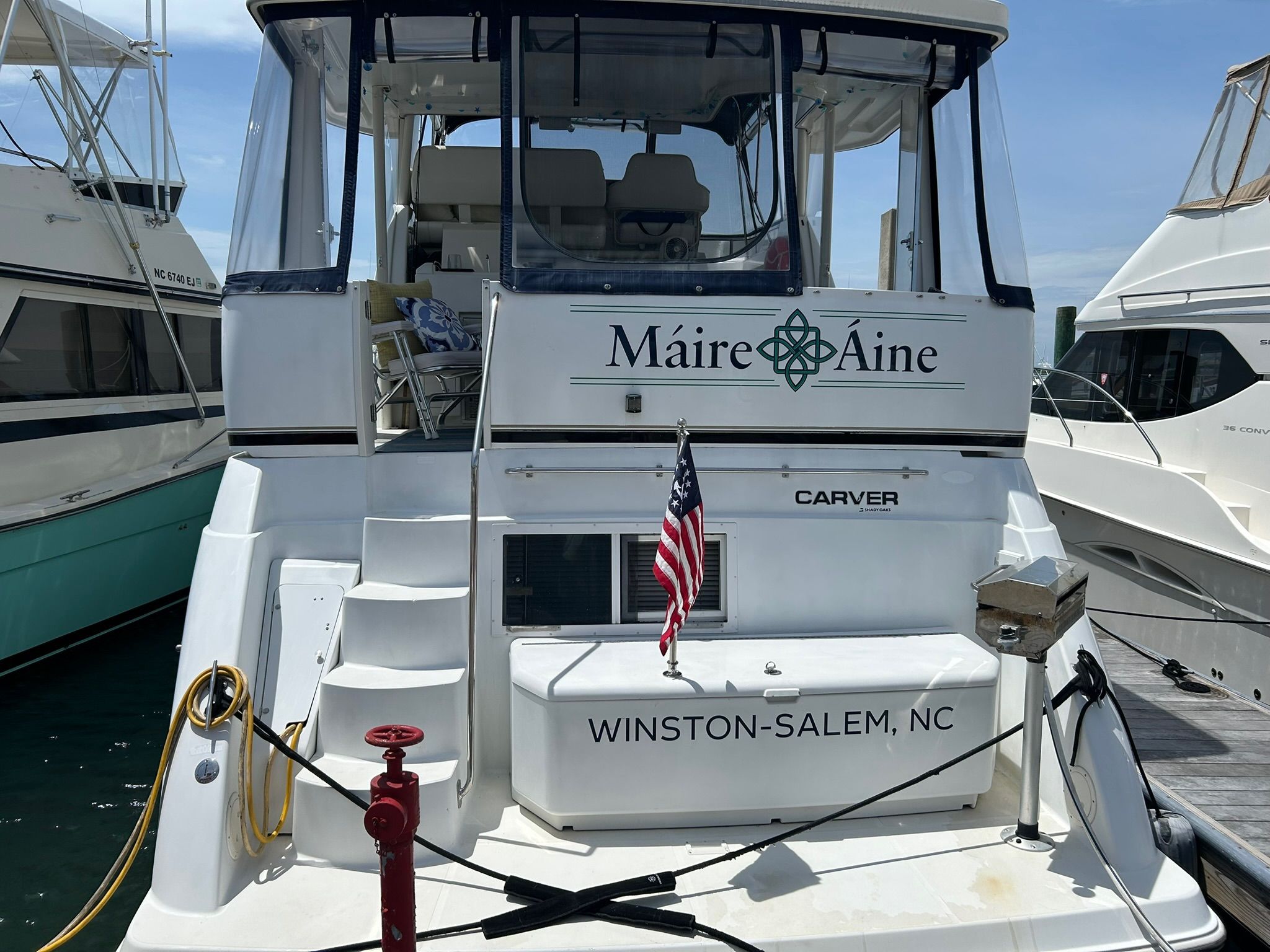2000 Carver 356 Aft Cabin Yacht docked, Winston-Salem, NC.